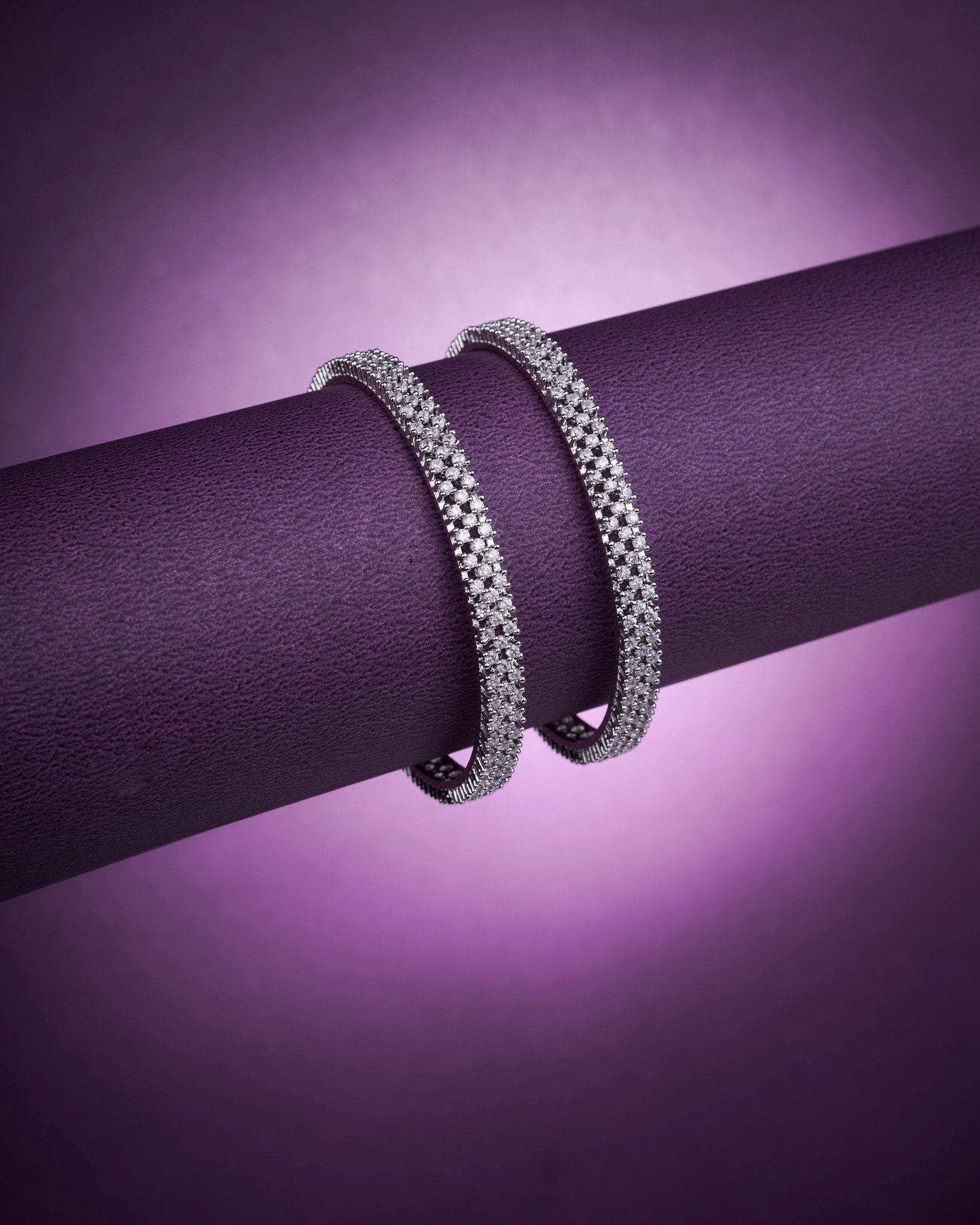 3 Line AD Studded Rhodium Plated Bangles (Pack of 2)