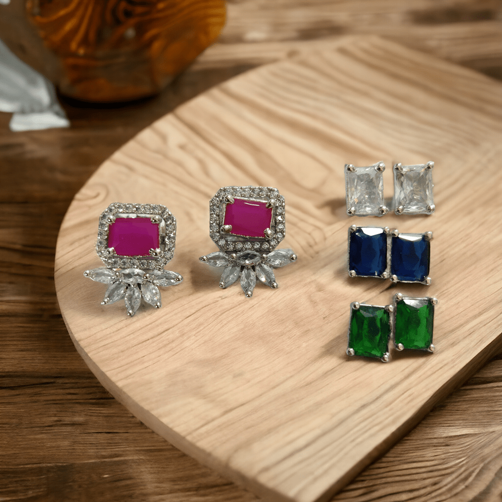 4 Color Changeable Rhodium Square Studs