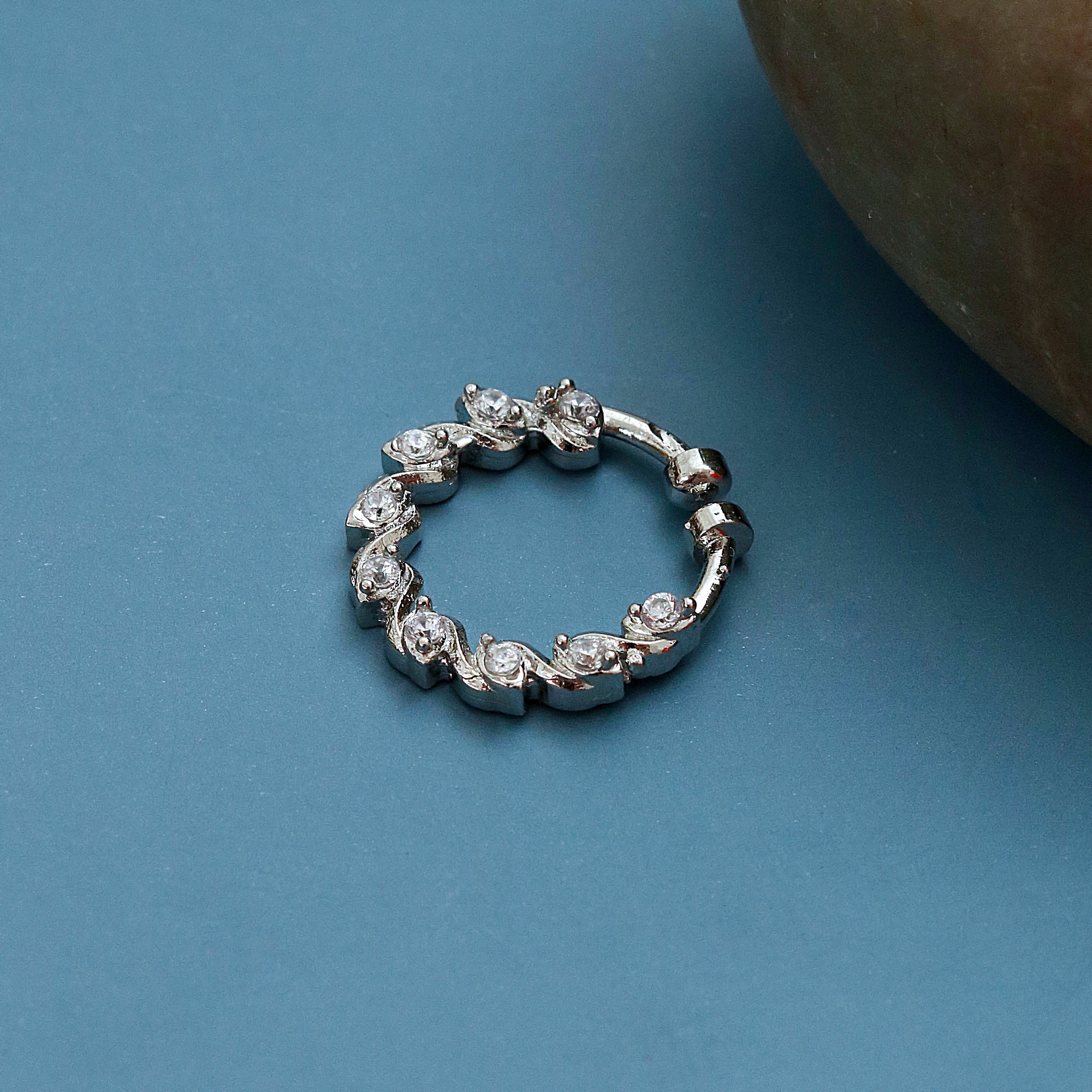 Wavy Hoop Rhodium Plated AD Nose Pin