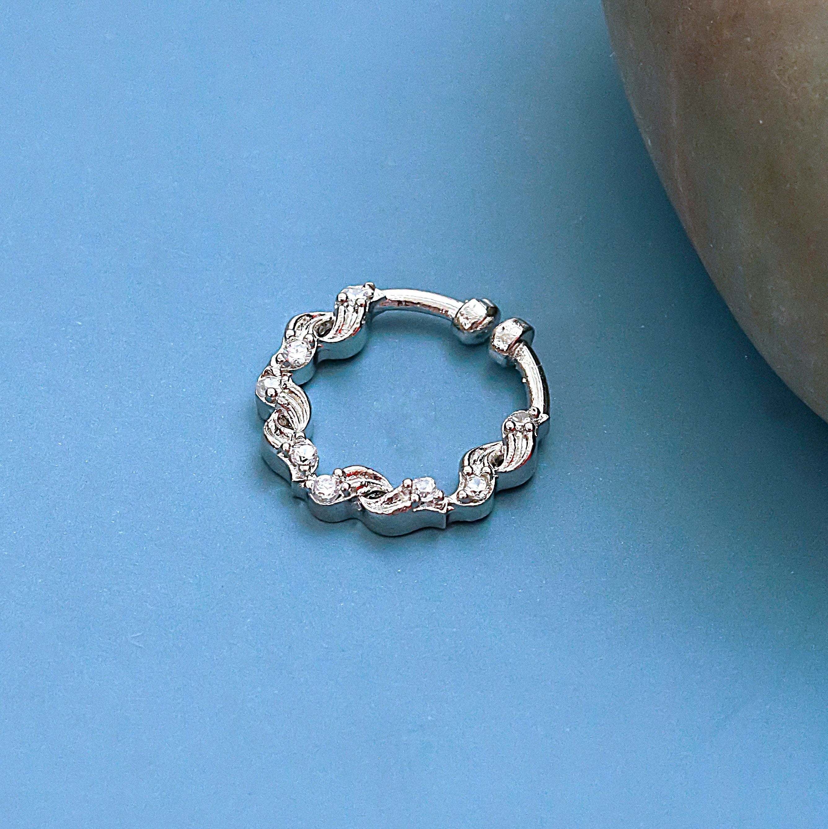 Floral Motif Hoop Rhodium Plated AD Nose Pin
