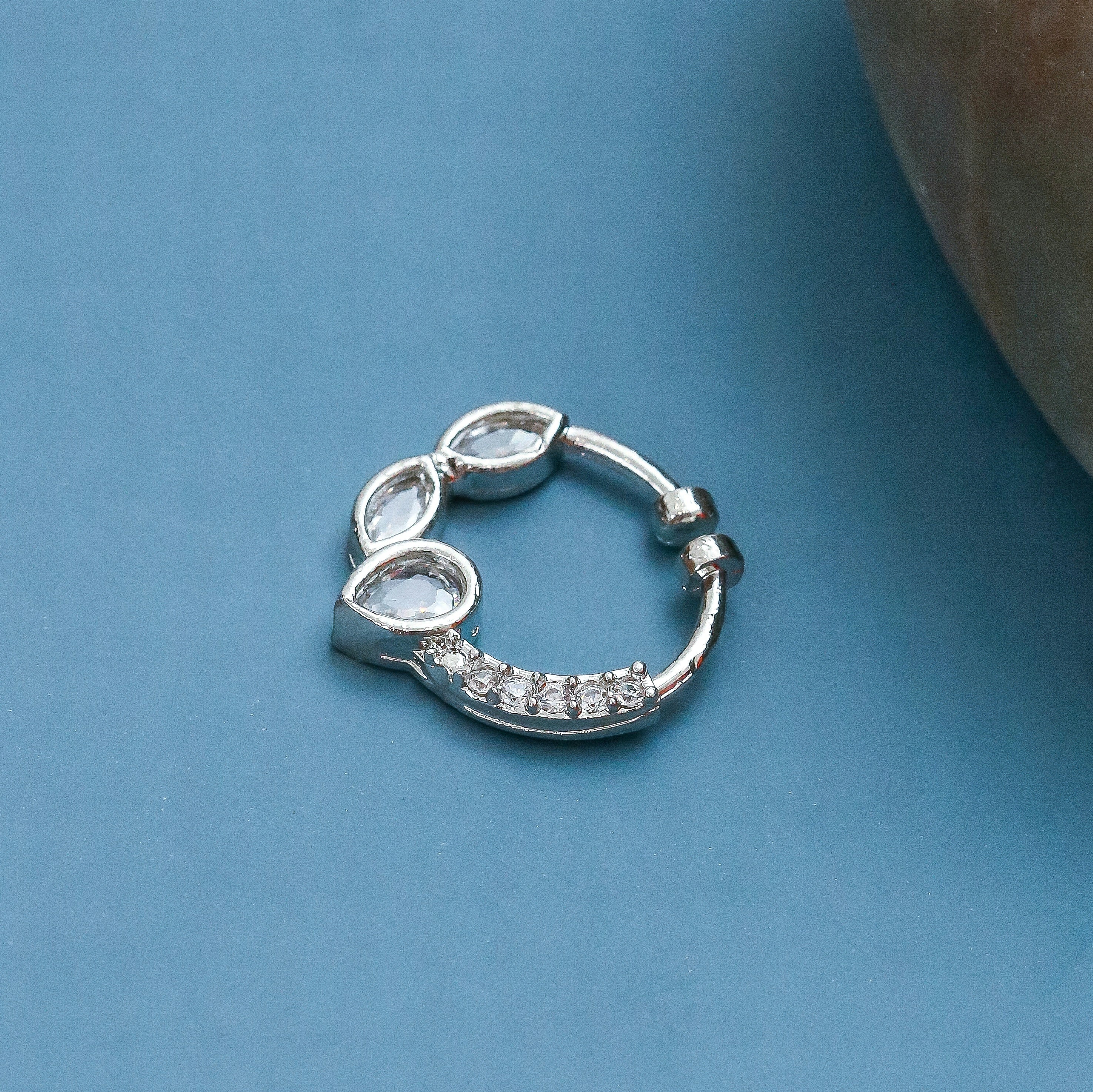 Rhodium Plated Triple Teardrop CZ Nose Pin