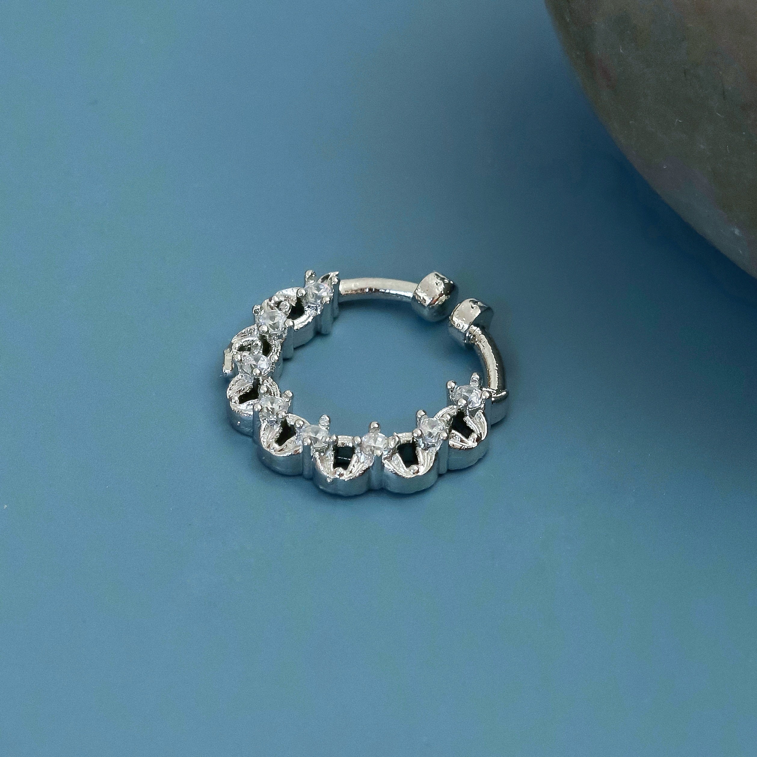 Rhodium Plated Crown Design CZ Nose Pin