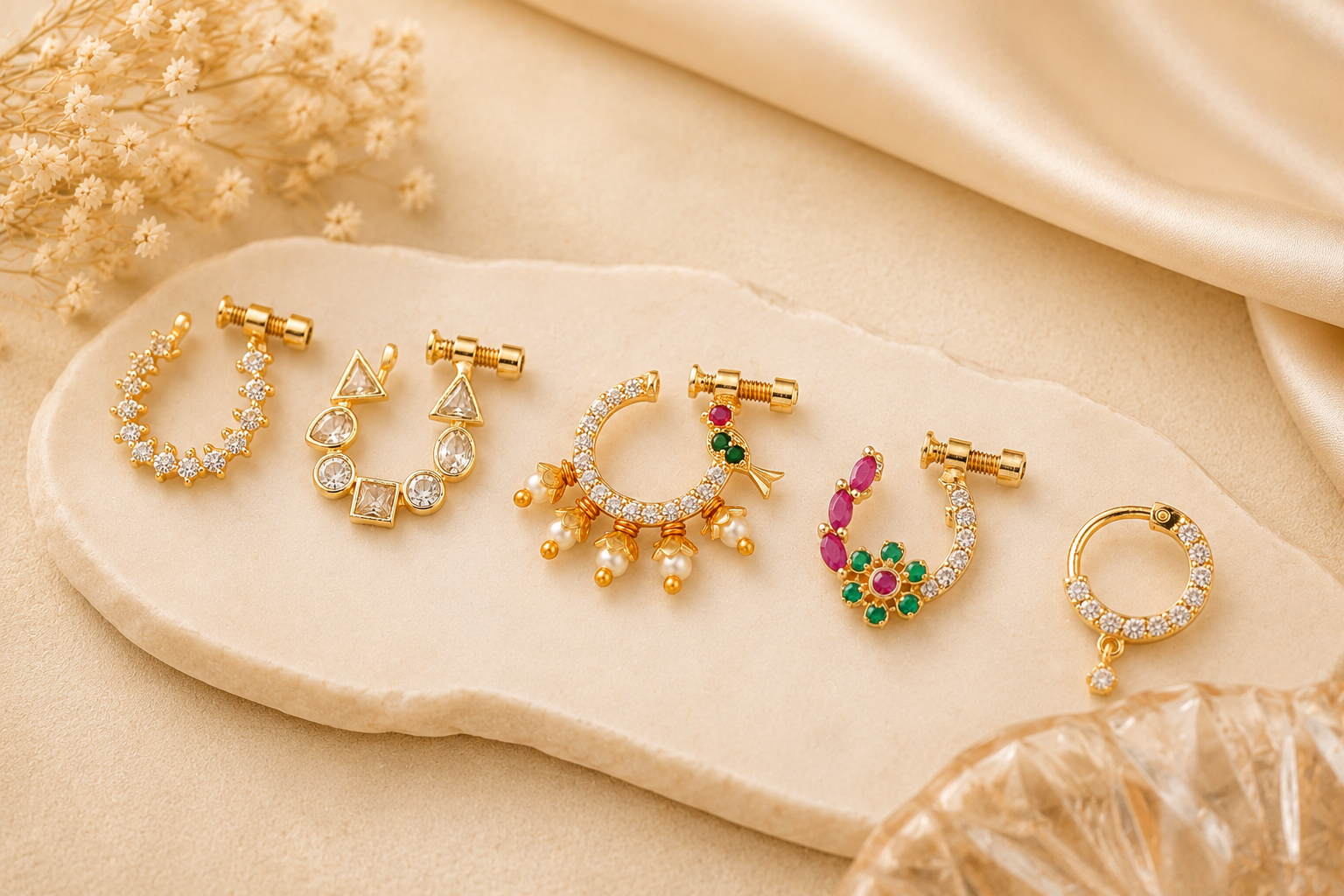 Elegant Multi-Stone Floral Design Non-Pierced Pressing Nose Ring Set