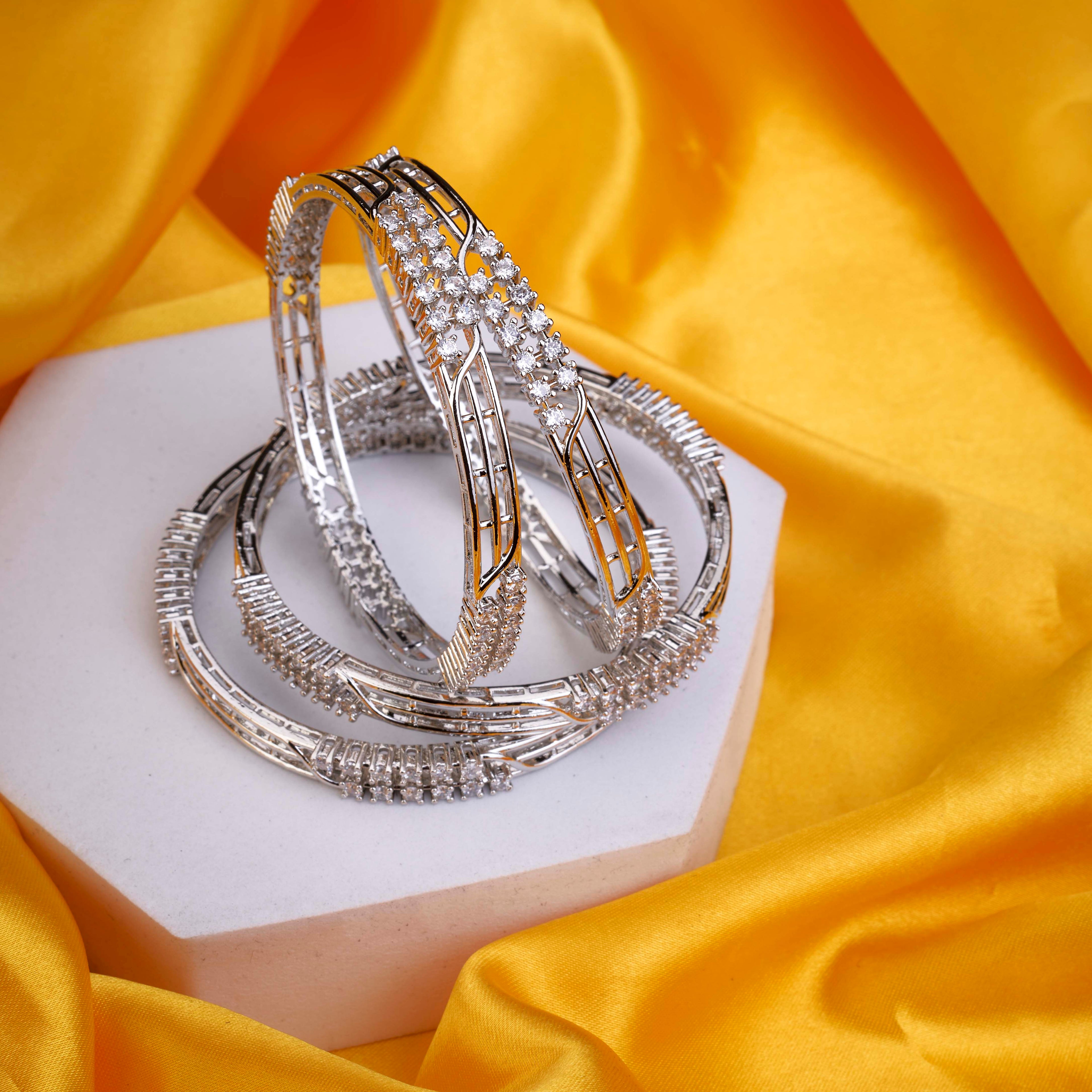 Crystal Studded AD Rhodium Plated Bangle (Pack of 4)