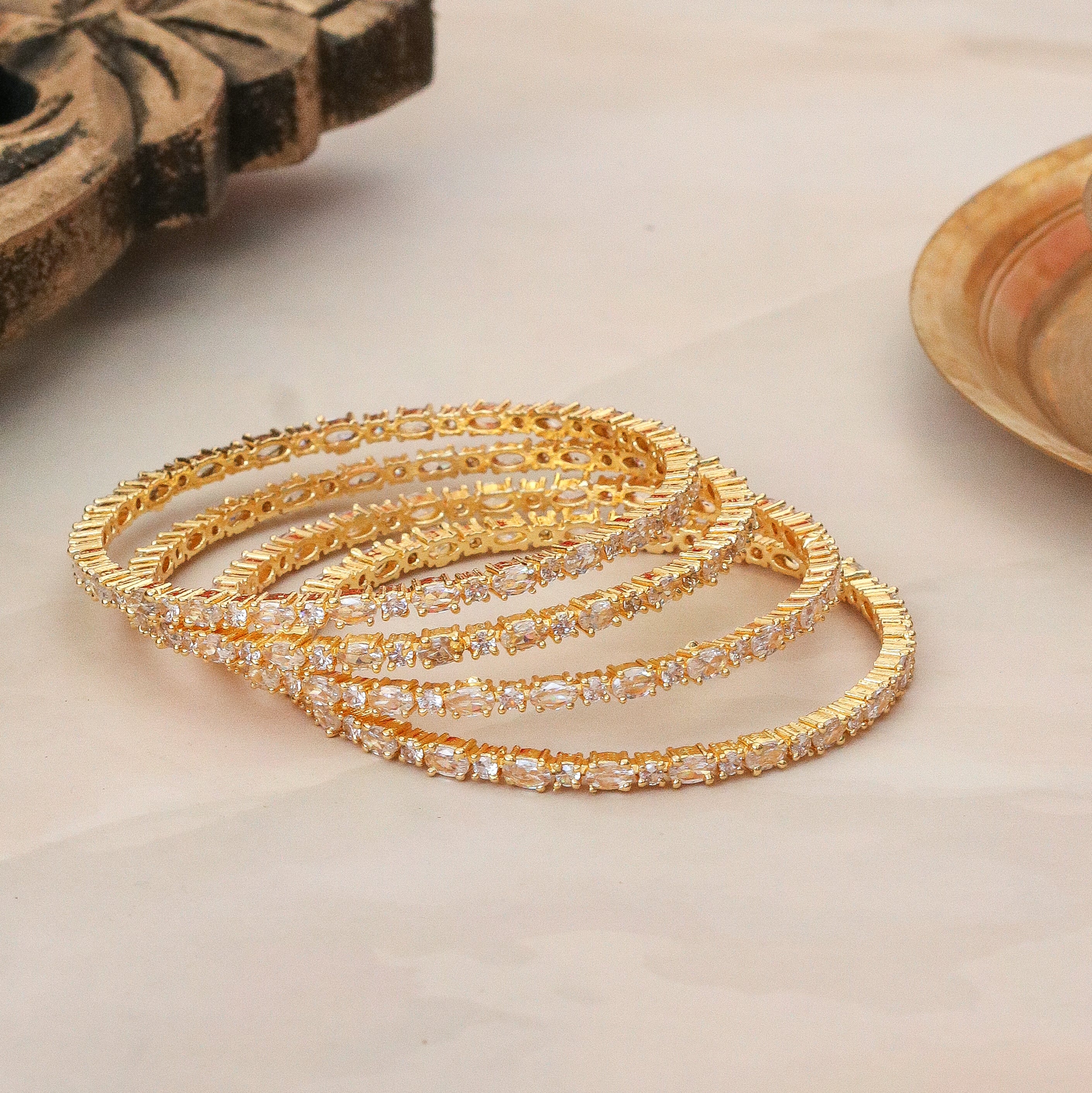 Gold Plated American Diamond (AD) Studded Bangle Set (Pack of 4)