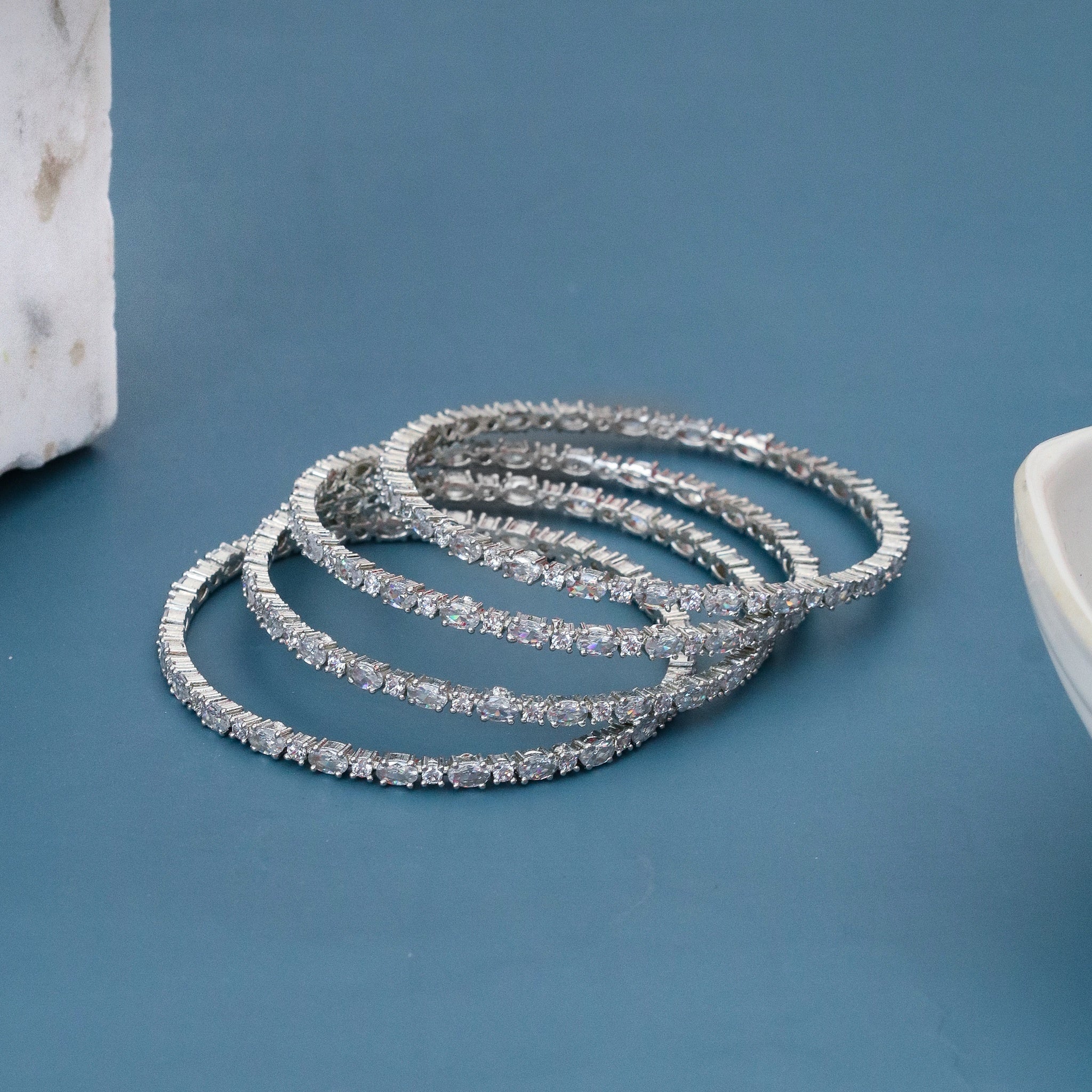 Rhodium Plated American Diamond (AD) Studded Bangle Set (Pack of 4)