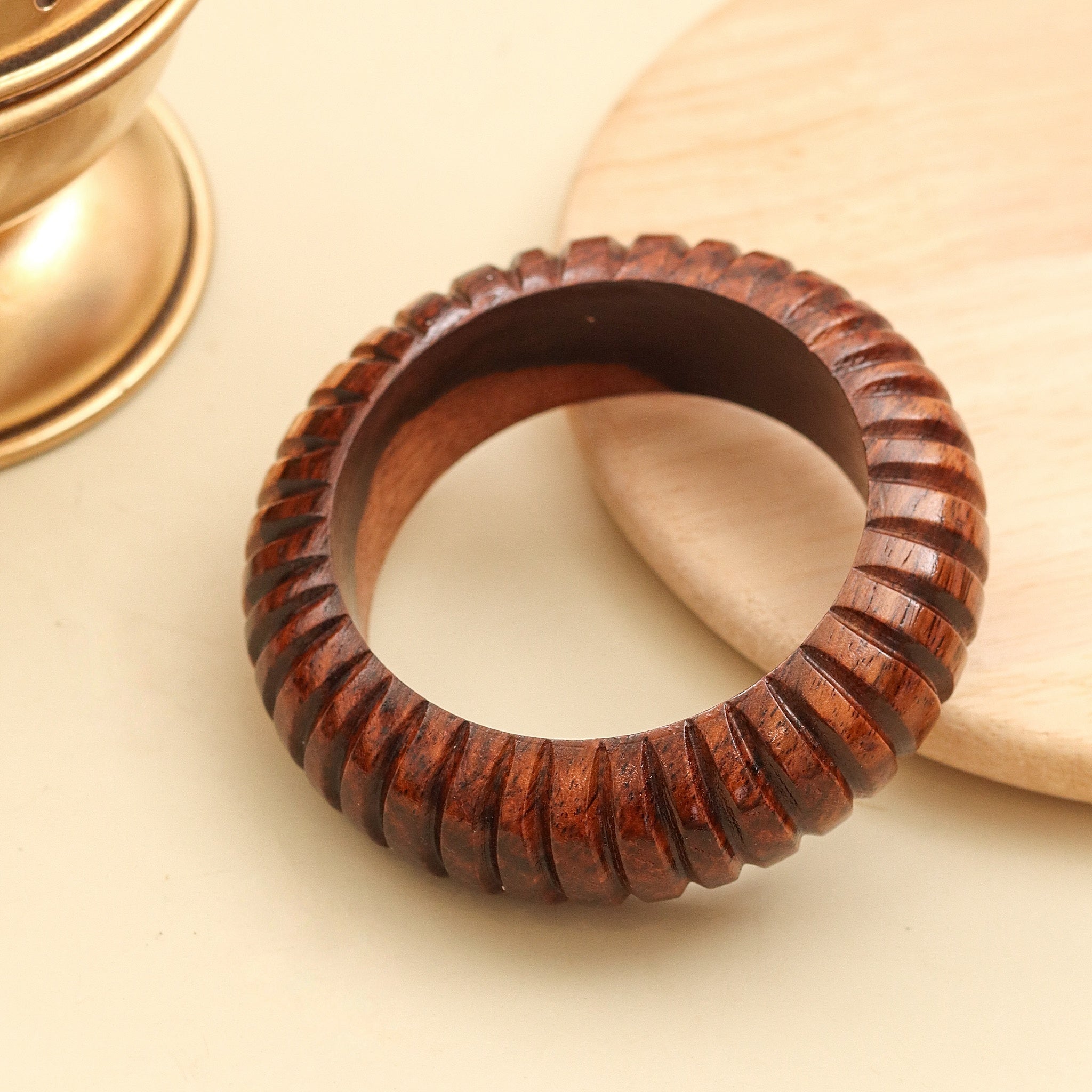 Carved Ribbed Pattern Wooden Bangle (Size-2.6)