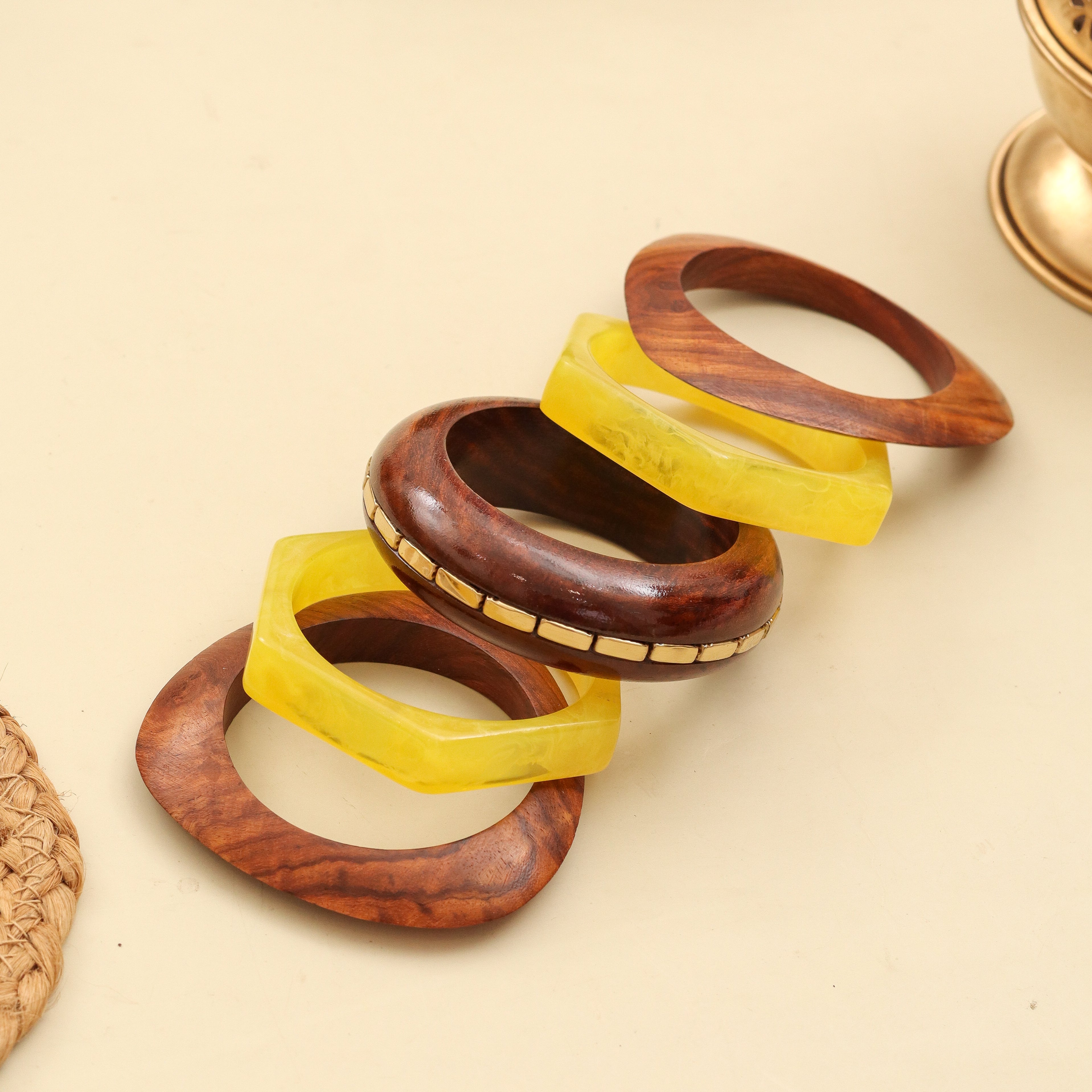 Handcrafted Resin & Sheesham Wood Bangle Set with Geometric and Beaded Pattern - Pack of 5 (Size-2.6)