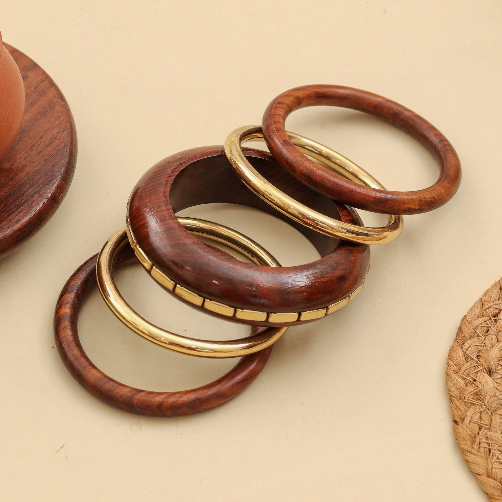 Designer Resin & Sheesham Wood Bangle Set with Beaded Pattern- Pack of 5 (Size-2.6)