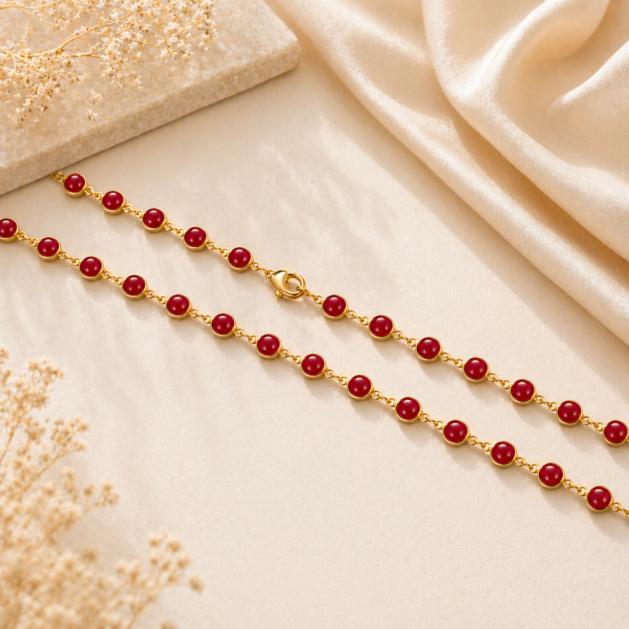 Micro Gold Plated Red Beaded Chain