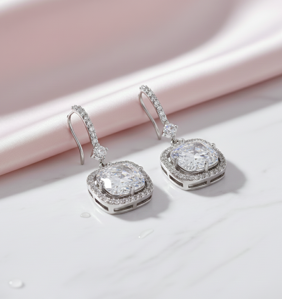 Square Rhodium Hook Back Earrings