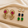 Gold Plated Changeable Stud Earrings Set with CZ Spiral Pattern & Interchangeable Oval Gemstone Tops