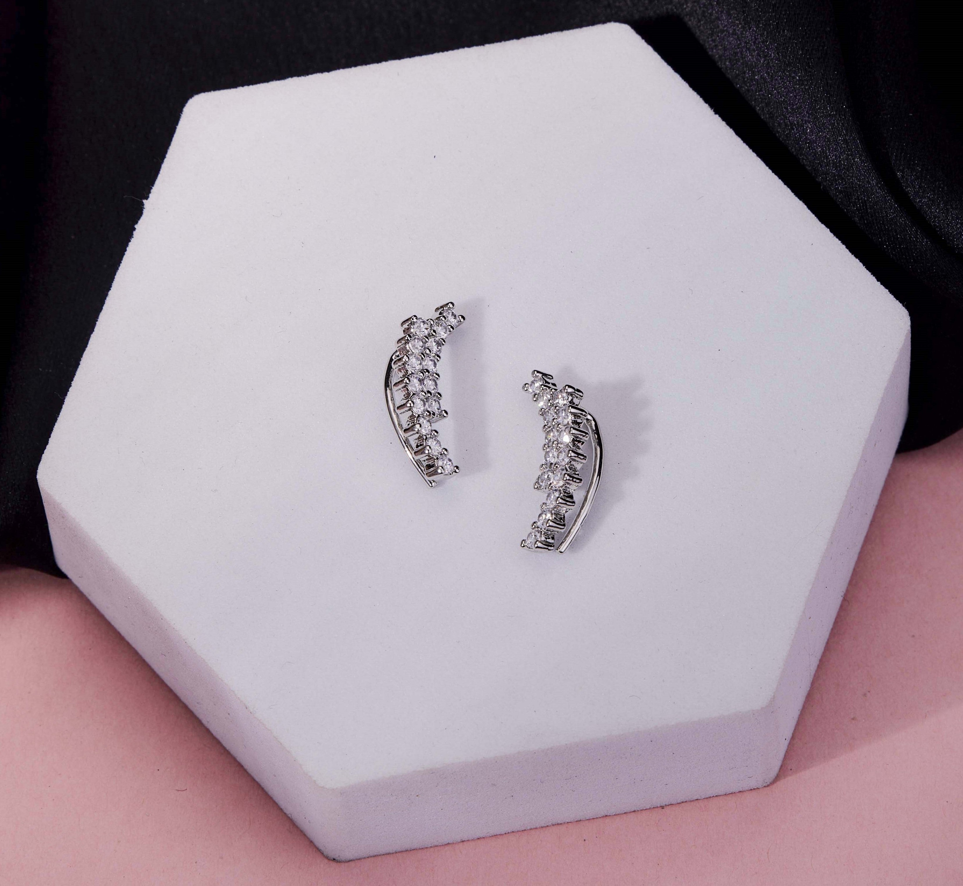 Adorned Curved Rhodium Plated Ear Cuffs