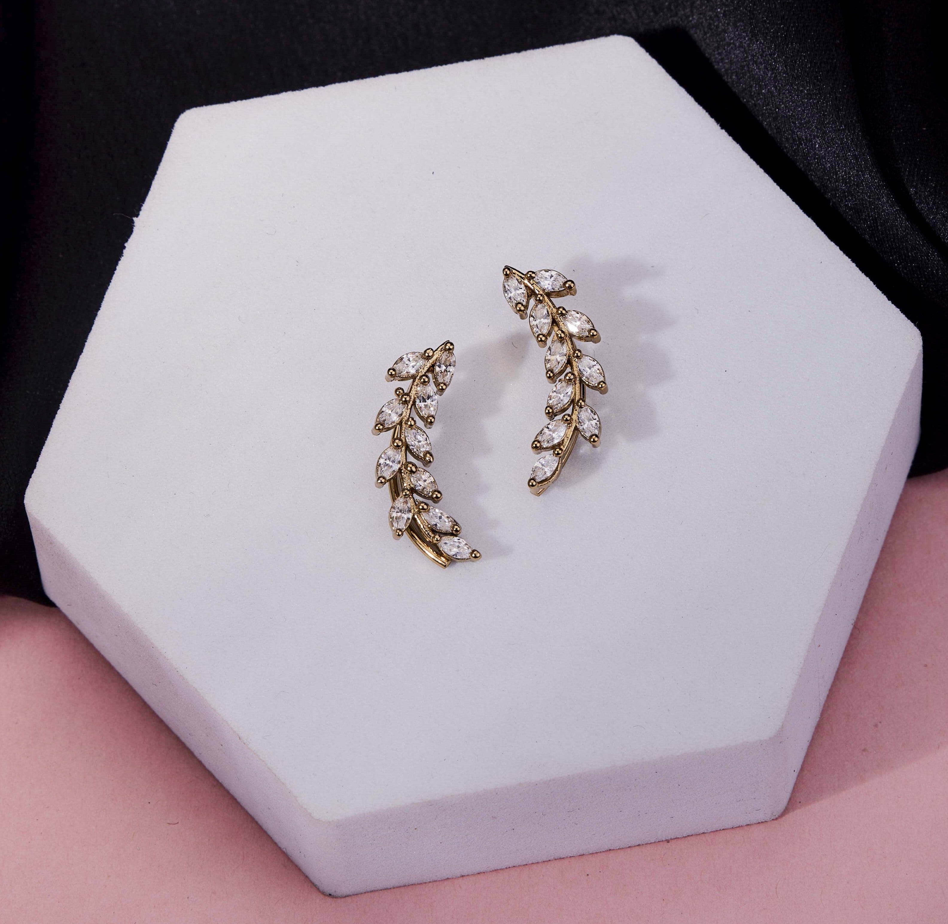 Mehendi Plated Leaf Design Crystal Ear Cuffs