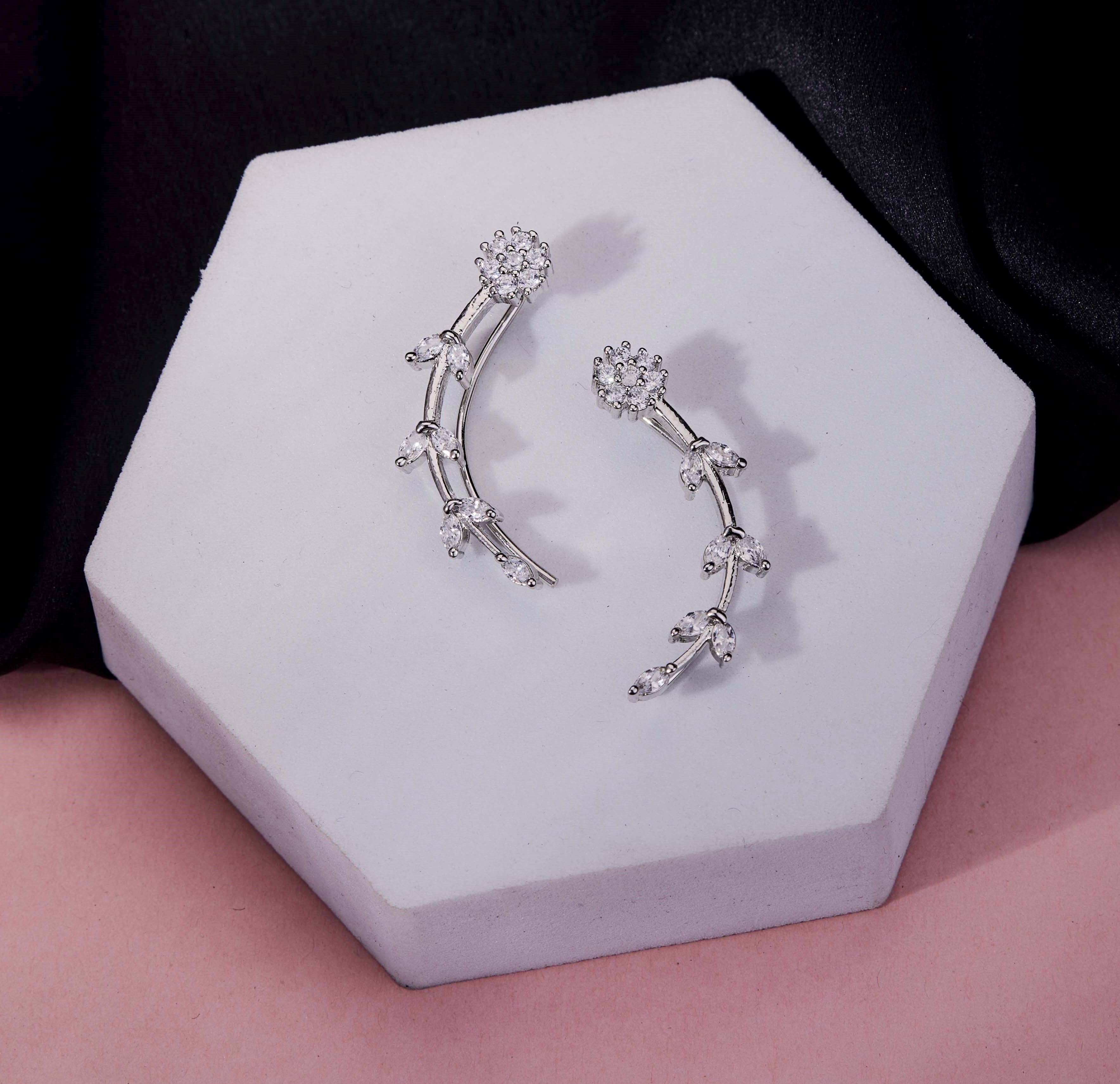 Rhodium Plated Floral Vine Crystal Ear Cuffs
