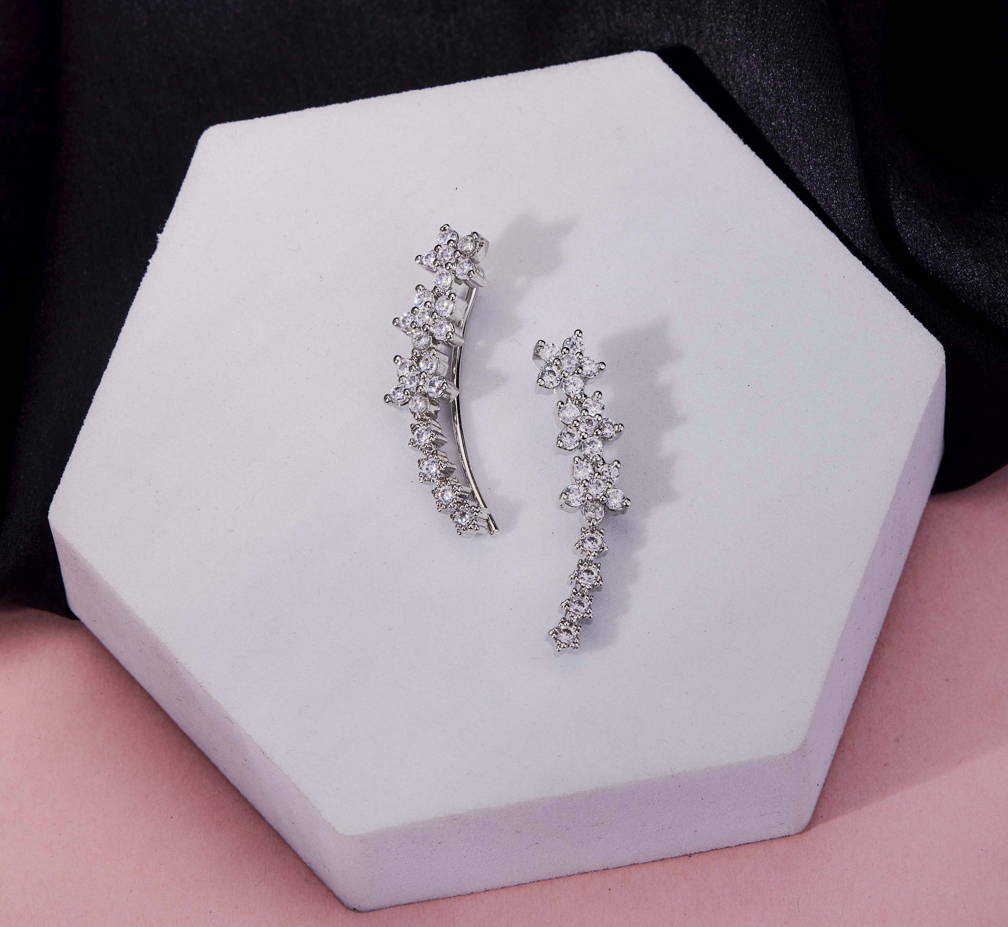Rhodium Plated Curved Crystal Ear Cuffs