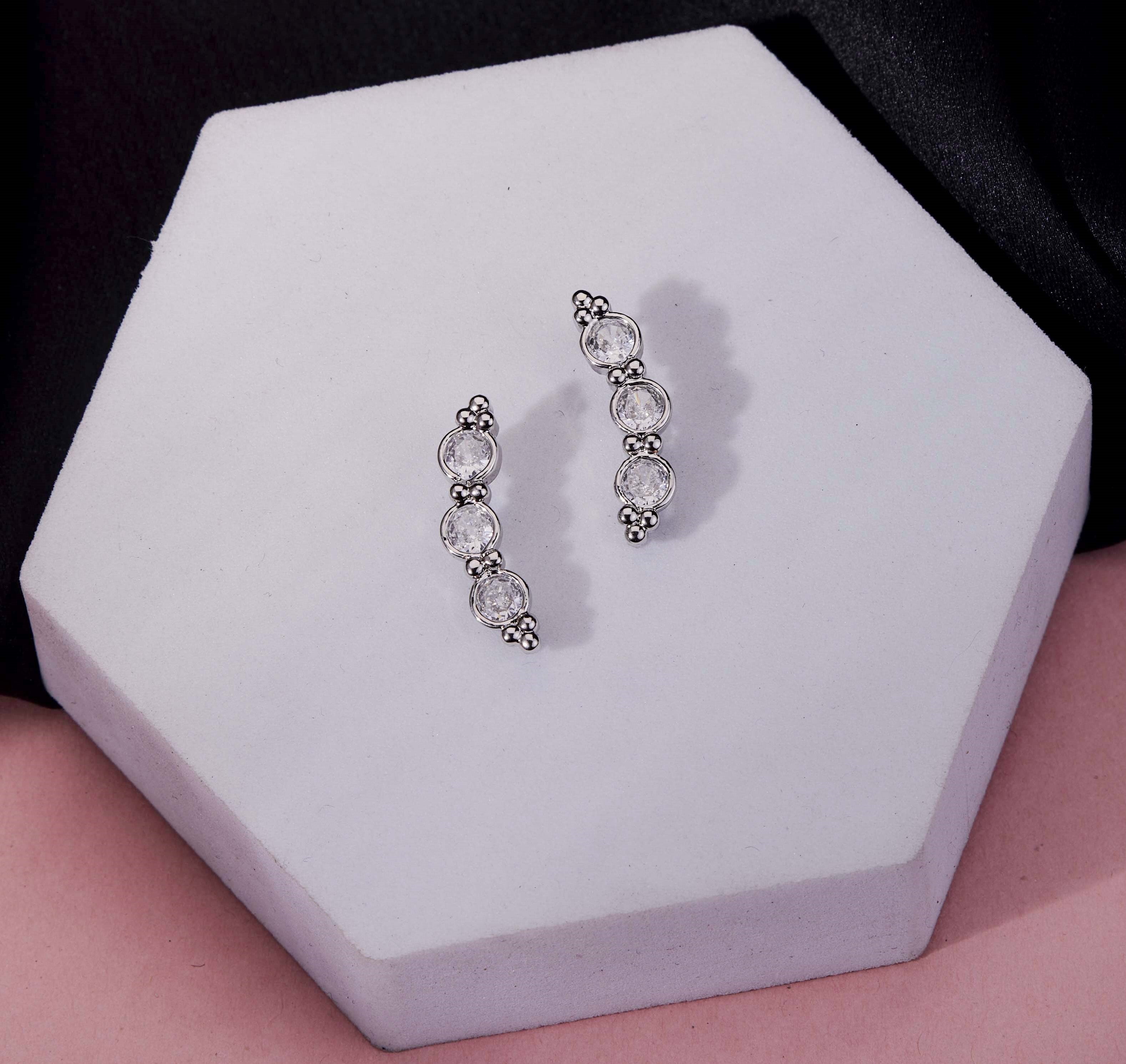 Rhodium Plated Linear Crystal Ear Cuffs