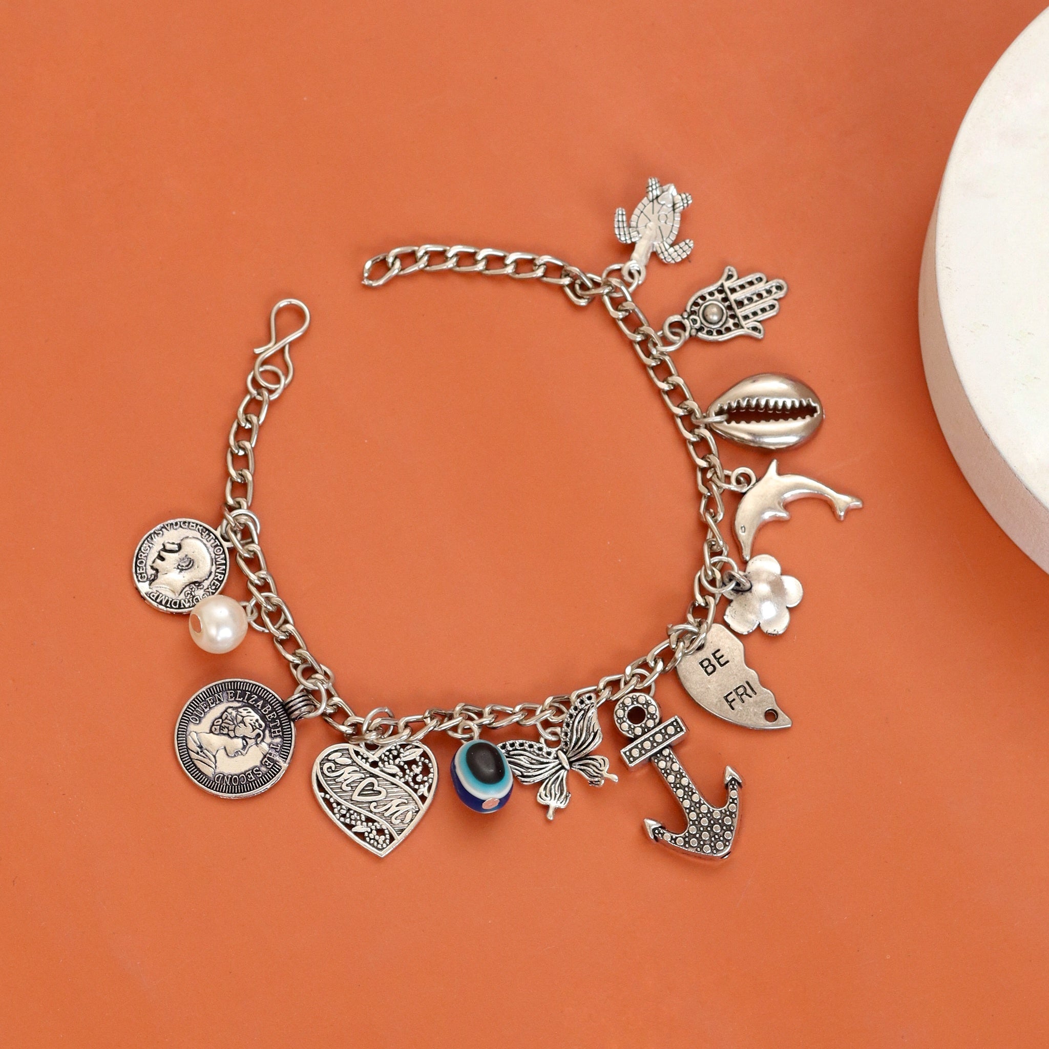 Rhodium Plated Charm Bracelet with Evil Eye, Heart, Anchor & Ocean-Themed Charms