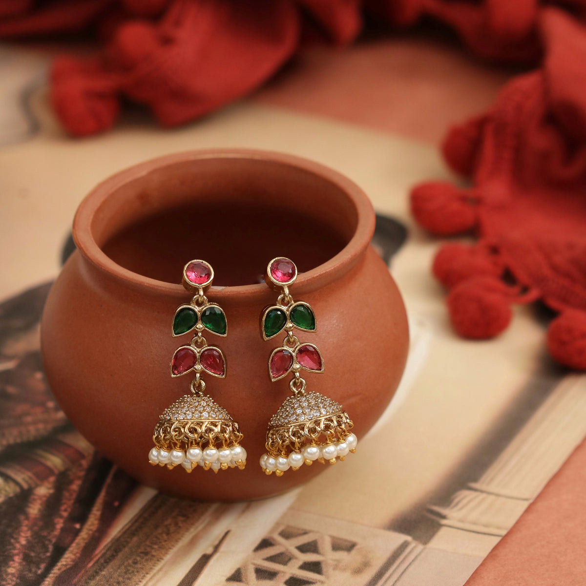 Traditional Double Layered Leaf Petals Mehendi Plated Jhumka