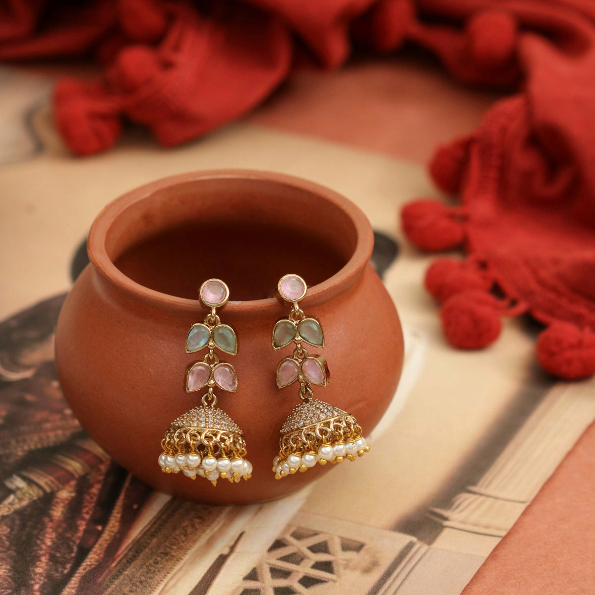Traditional Double Layered Leaf Petals Mehendi Plated Jhumka