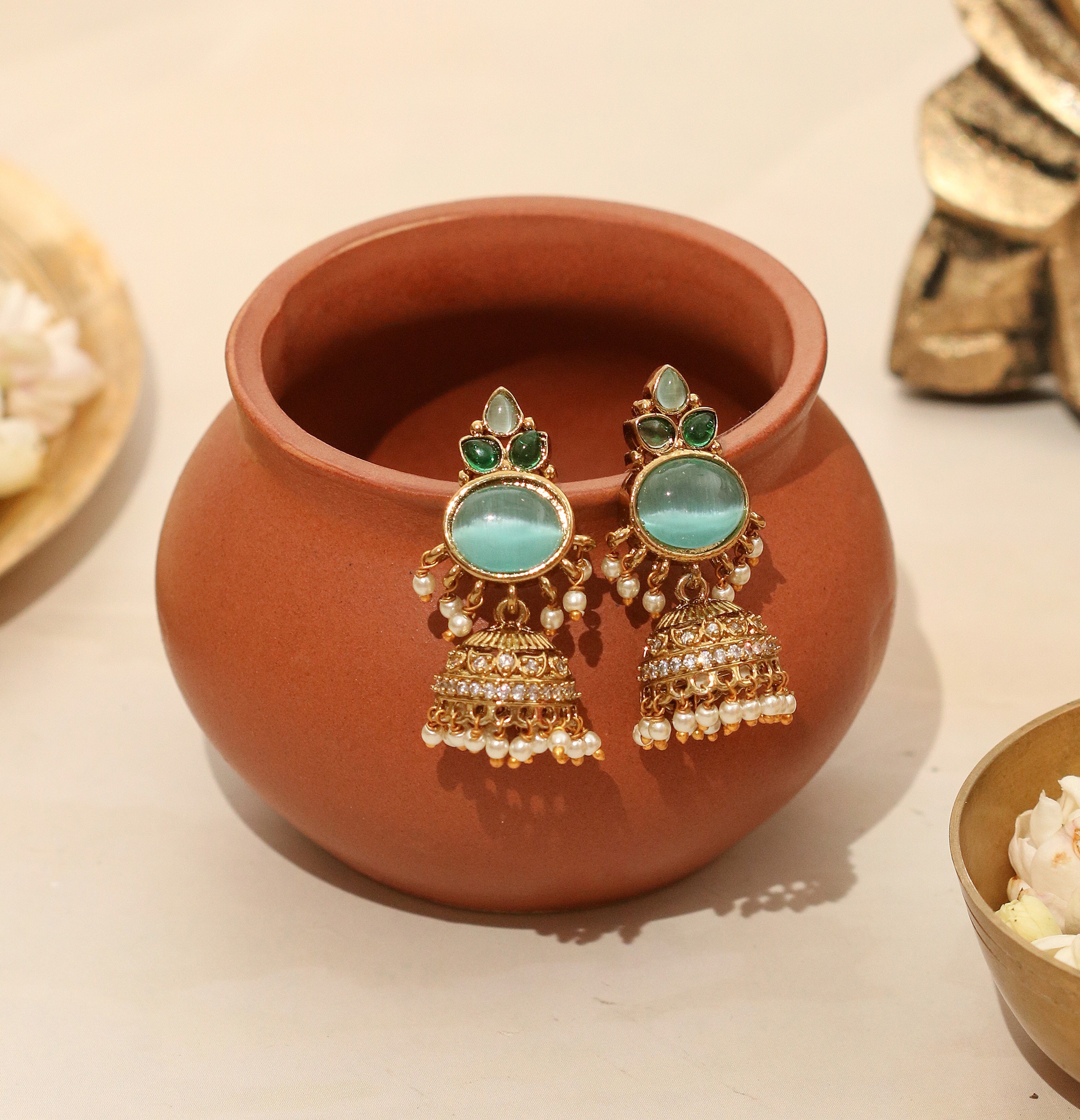 Pearl Drop Intricated Detailing Mehendi Plated Jhumka