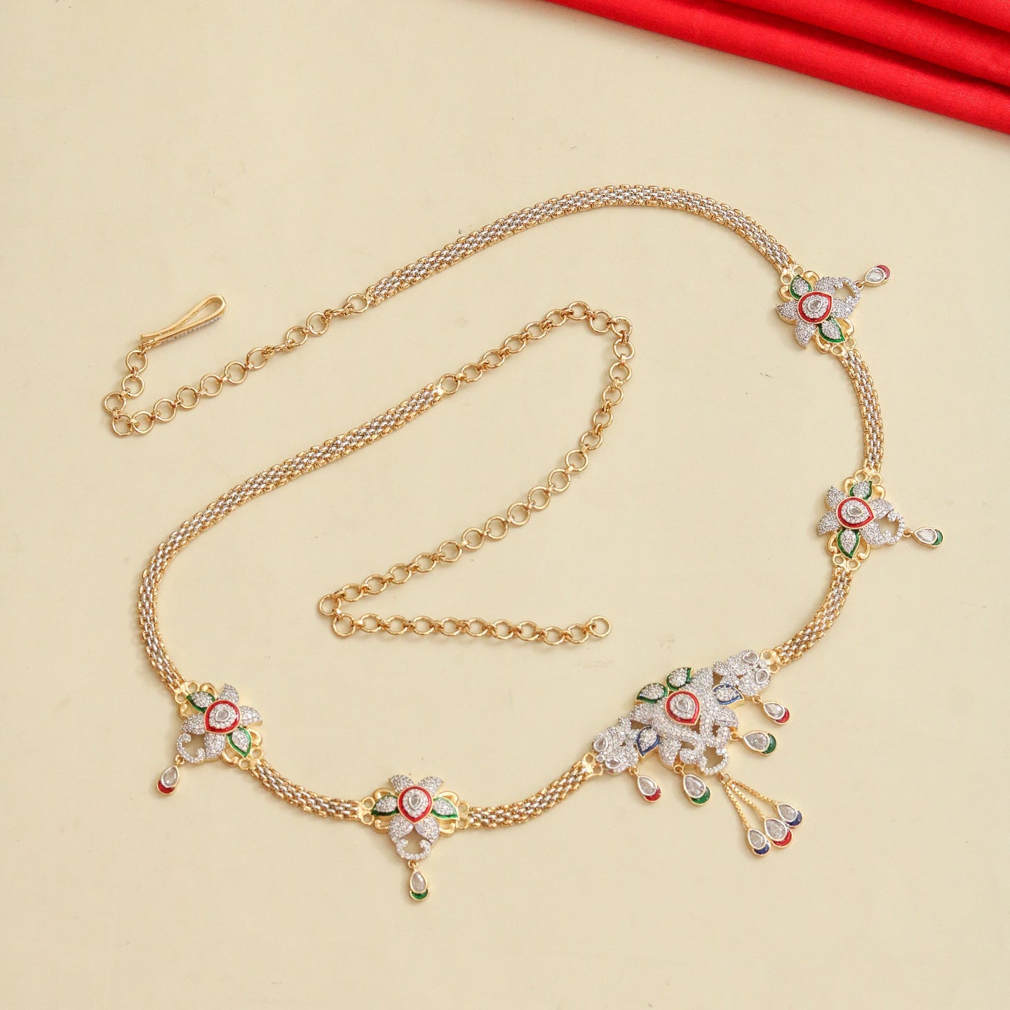 Two Tone Gold & Silver Plated Kundan Stone Studded Floral Hip Belt