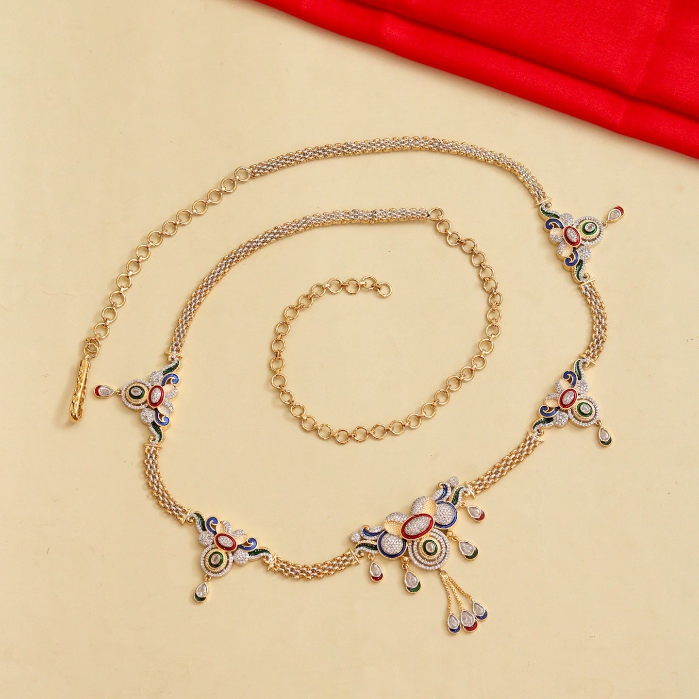 Two Tone Gold & Silver Plated Multicolor Stone Floral Hip Belt