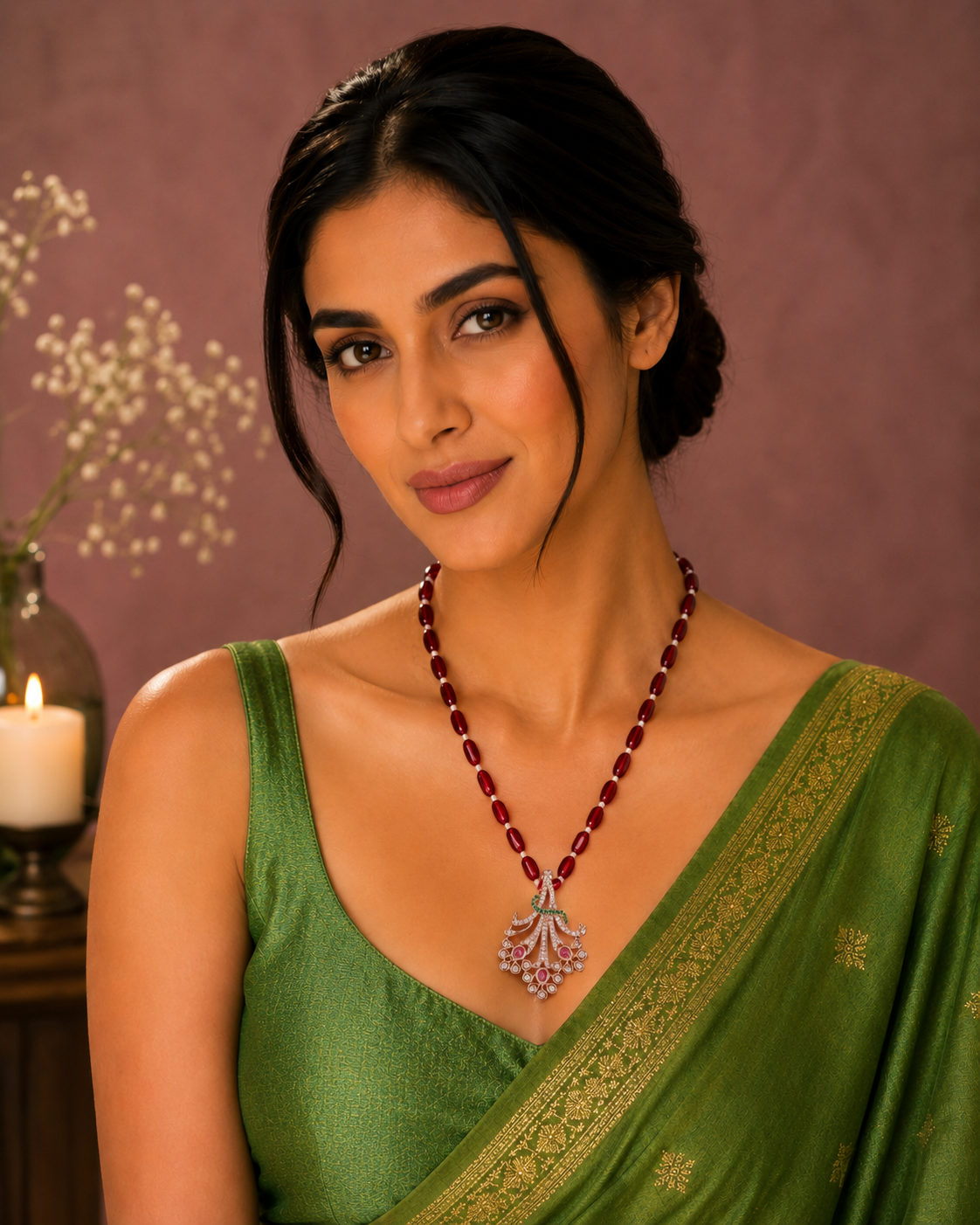Ethnic Gemstone Mehendi Plated Locket Set with Sparkling Floral Pendant
