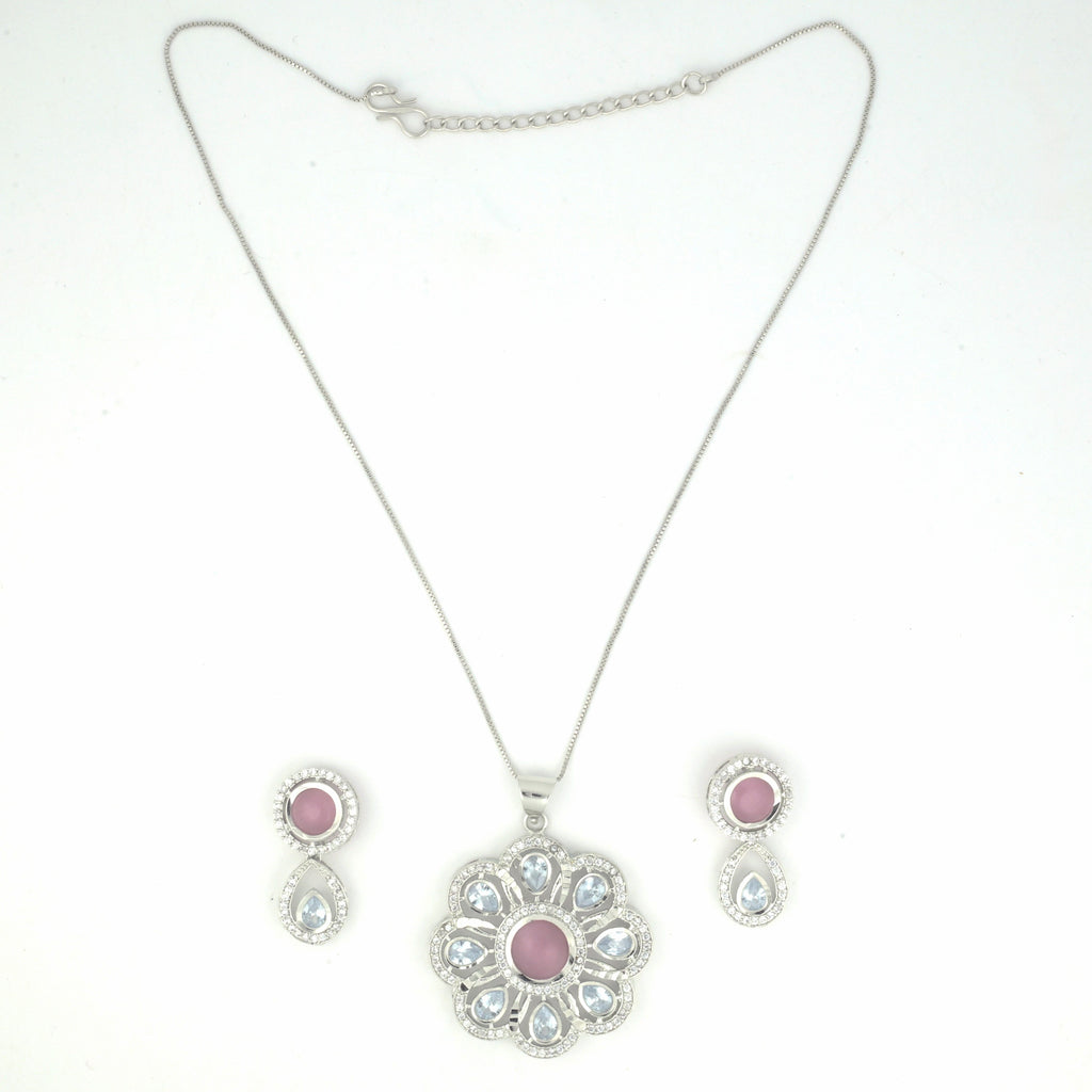 Rhodium Plated Floral Pink Stone Locket Set