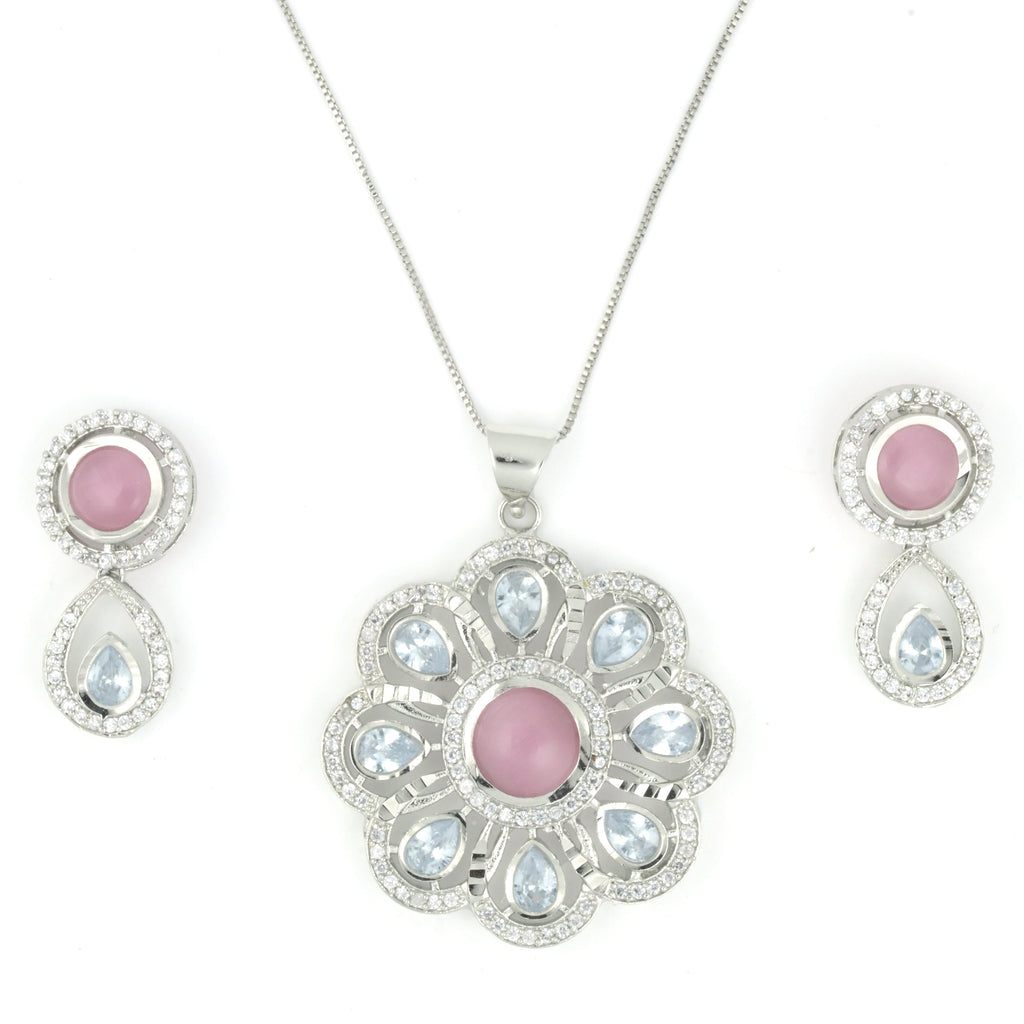 Rhodium Plated Floral Pink Stone Locket Set