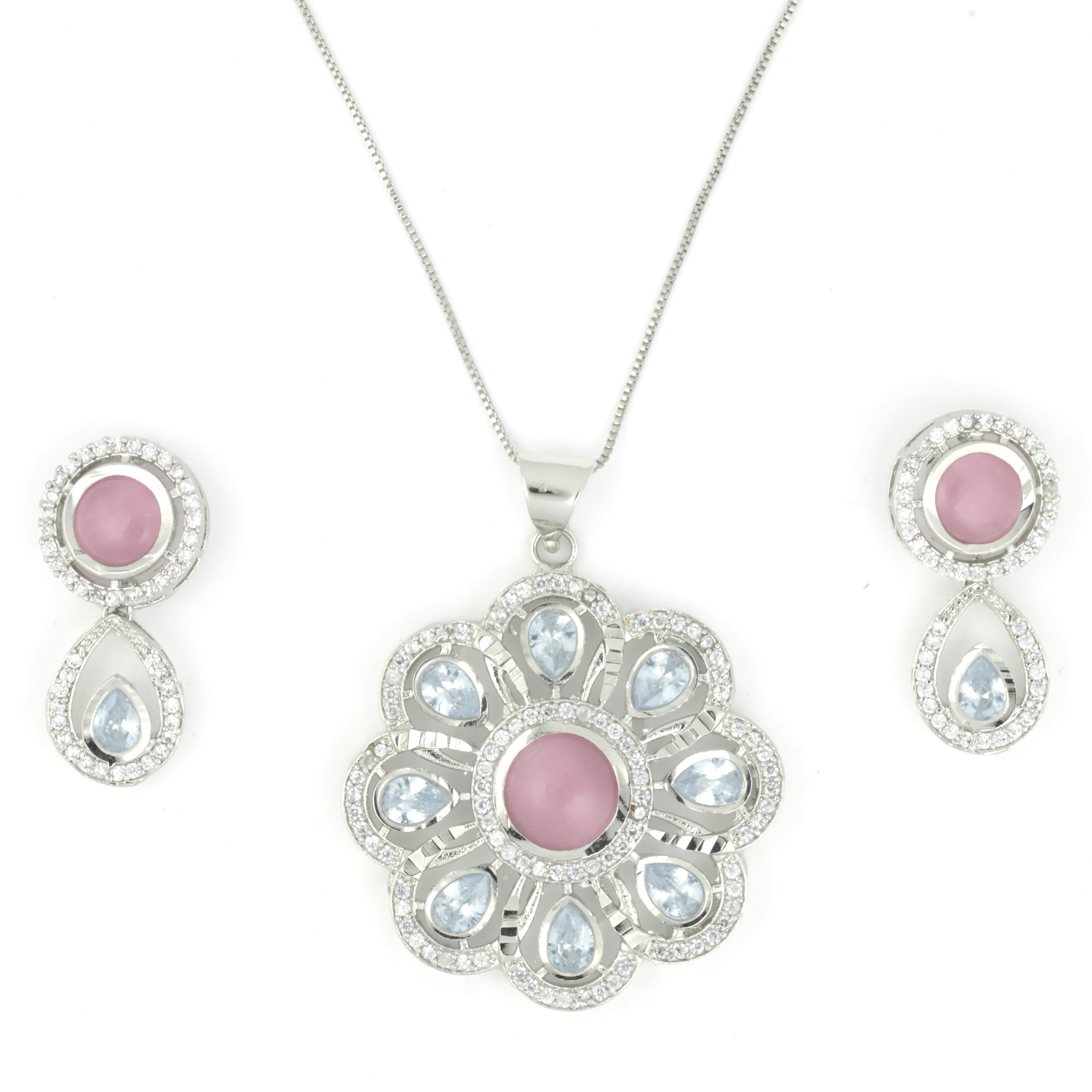Rhodium Plated Floral Pink Stone Locket Set