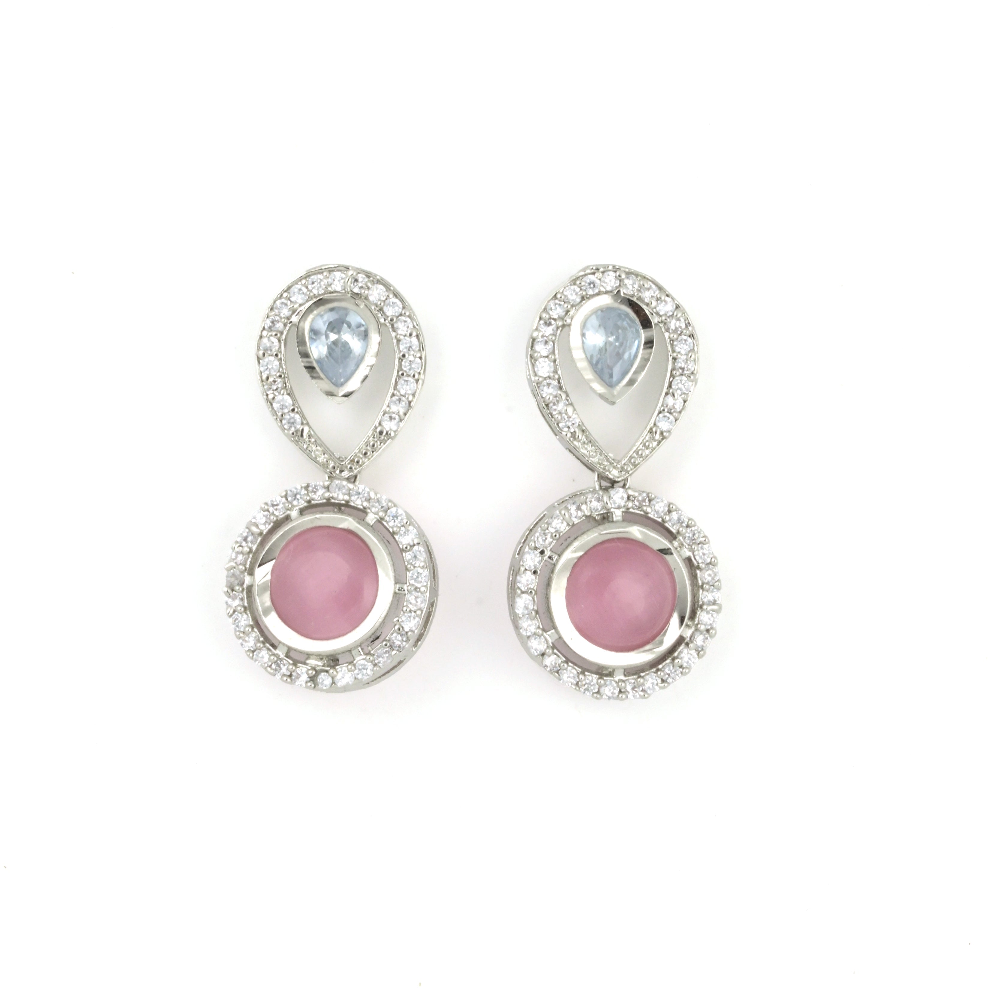 Rhodium Plated Floral Pink Stone Locket Set