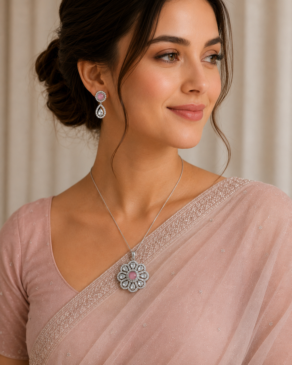 Rhodium Plated Floral Pink Stone Locket Set