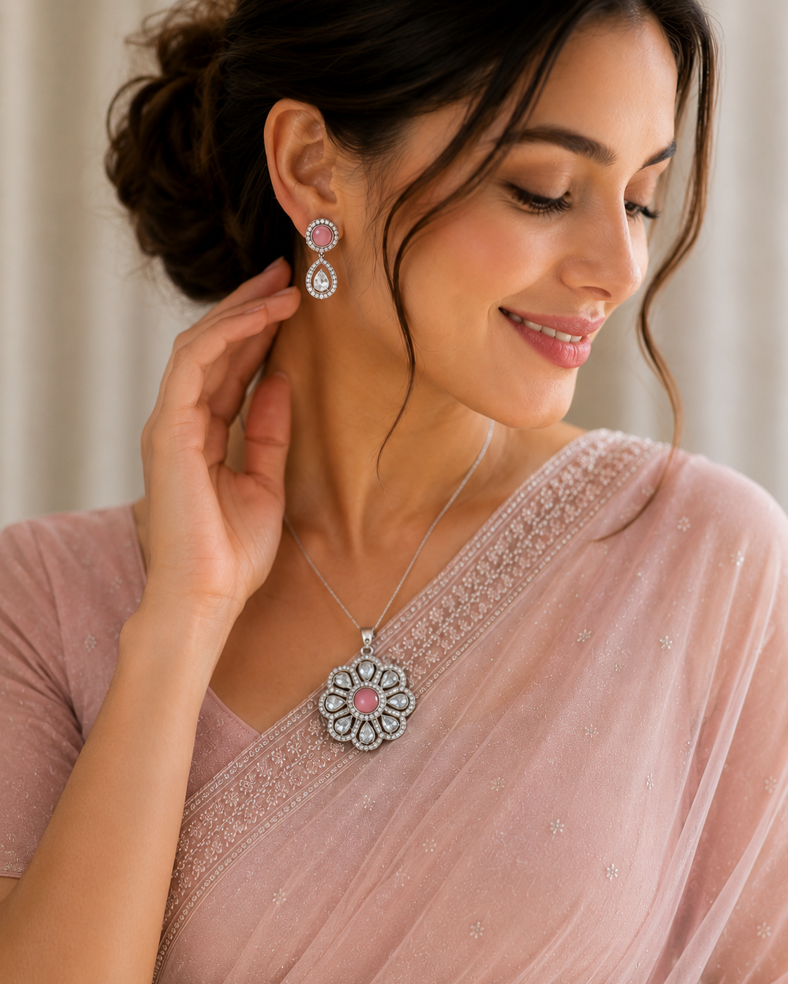 Rhodium Plated Floral Pink Stone Locket Set