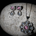 Rhodium Plated Floral Pink Stone Locket Set