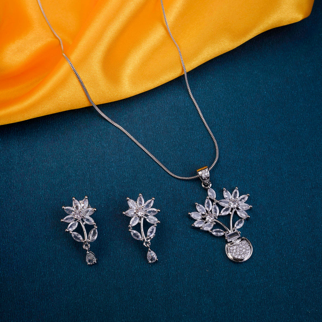 Floral Enchanted Rhodium Plated AD Locket Set with Earrings