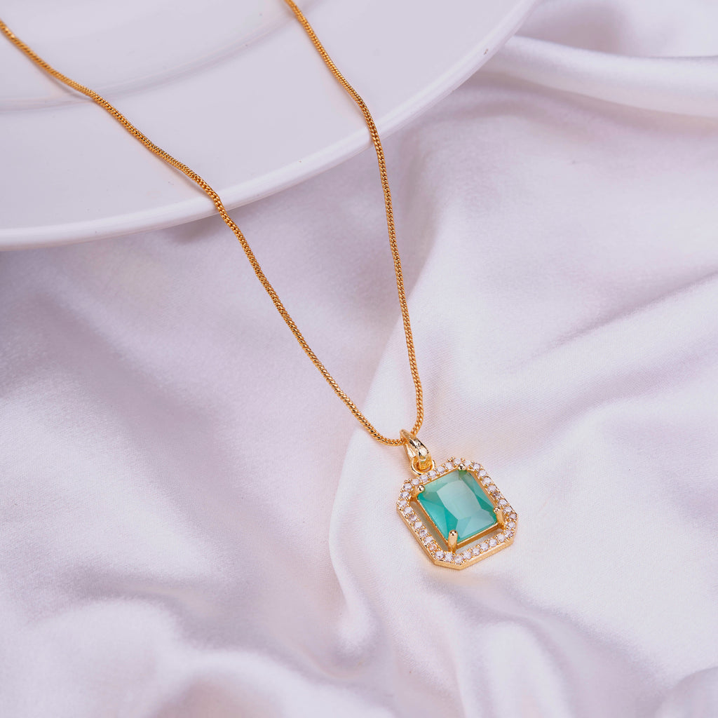 Gold Plated Octagon Stone Pendant with chain-Mint Green