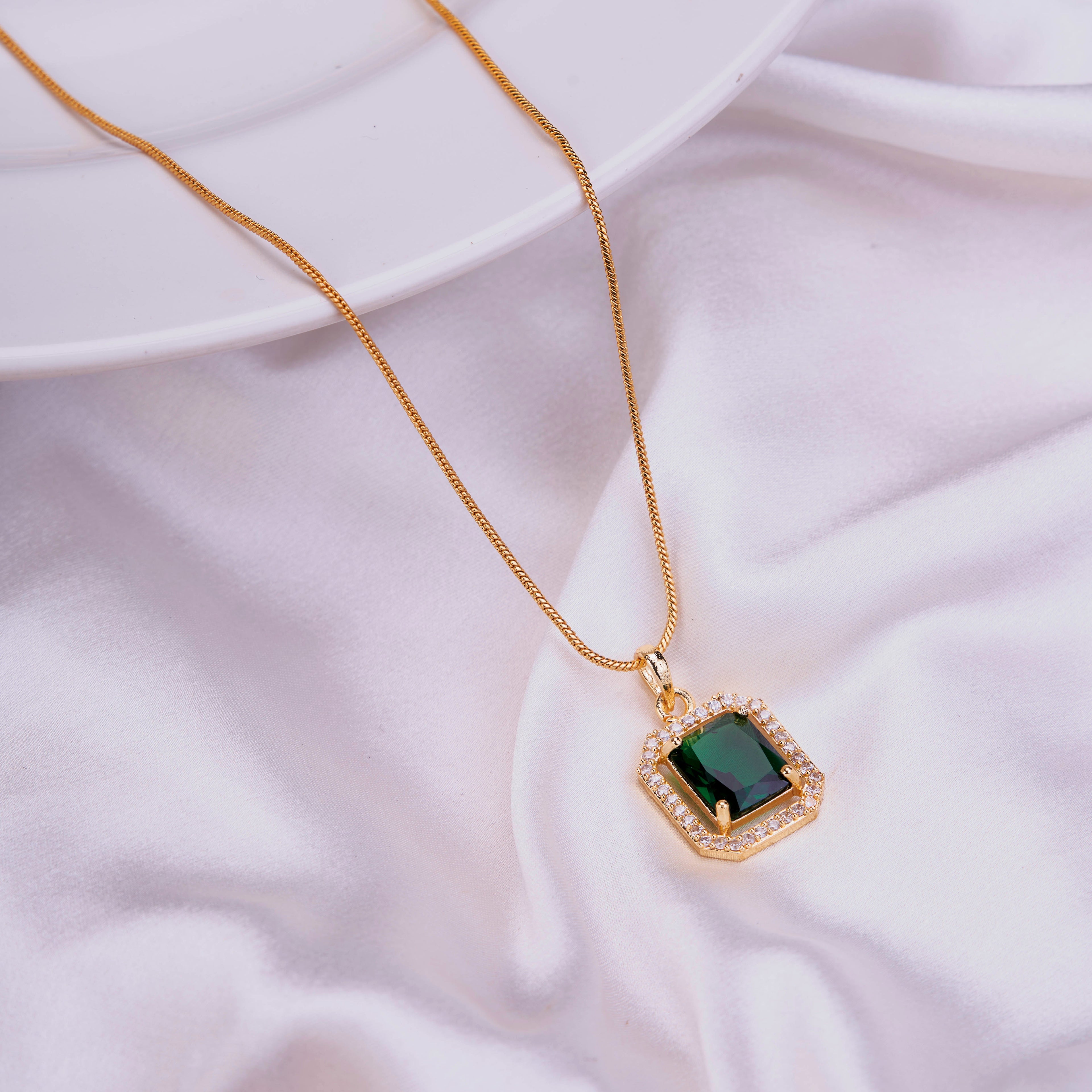 Gold Plated Octagon Stone Pendant with chain-Crystal Green