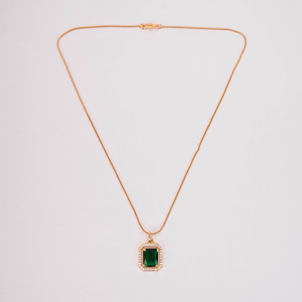 Gold Plated Octagon Stone Pendant with chain-Crystal Green