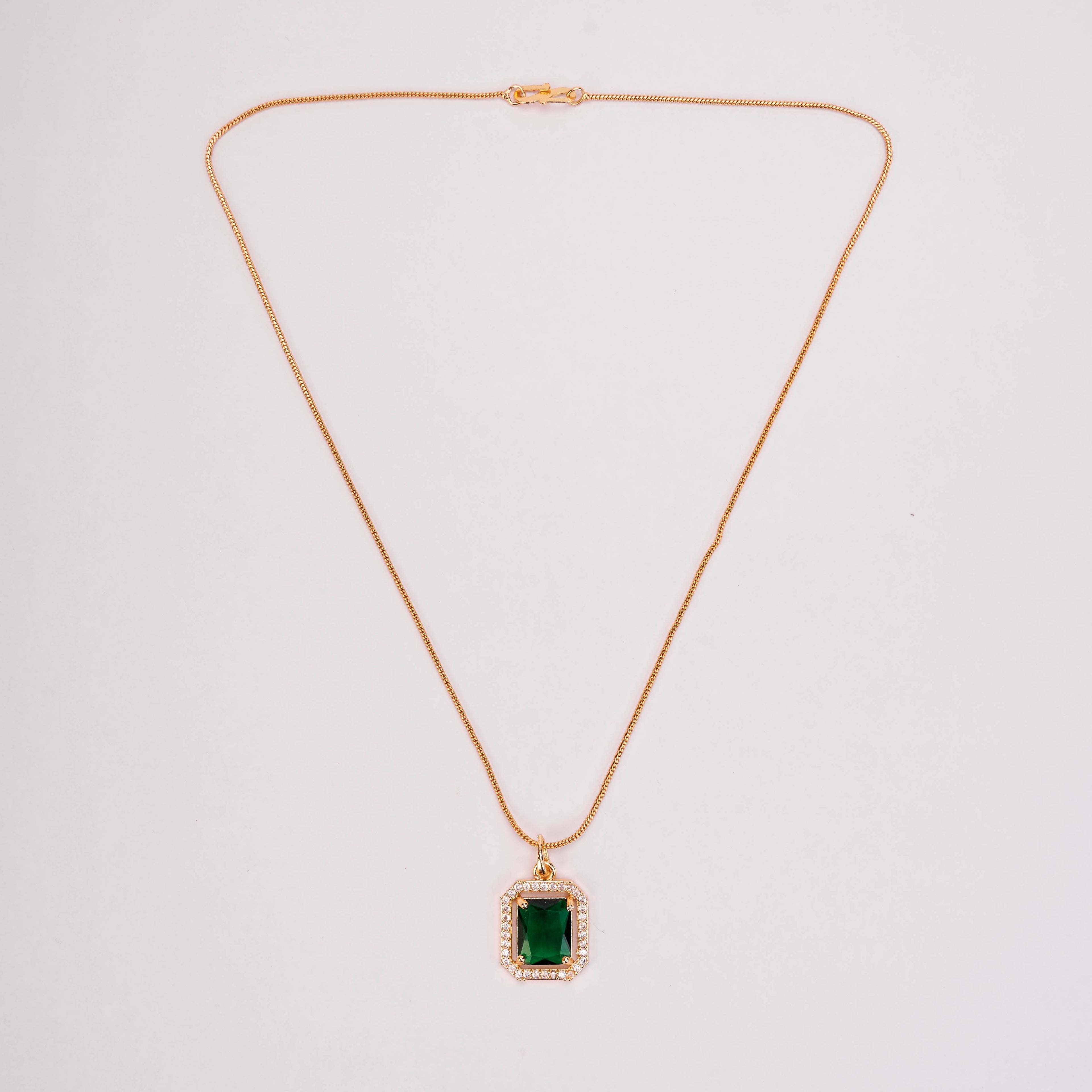 Gold Plated Octagon Stone Pendant with chain-Crystal Green