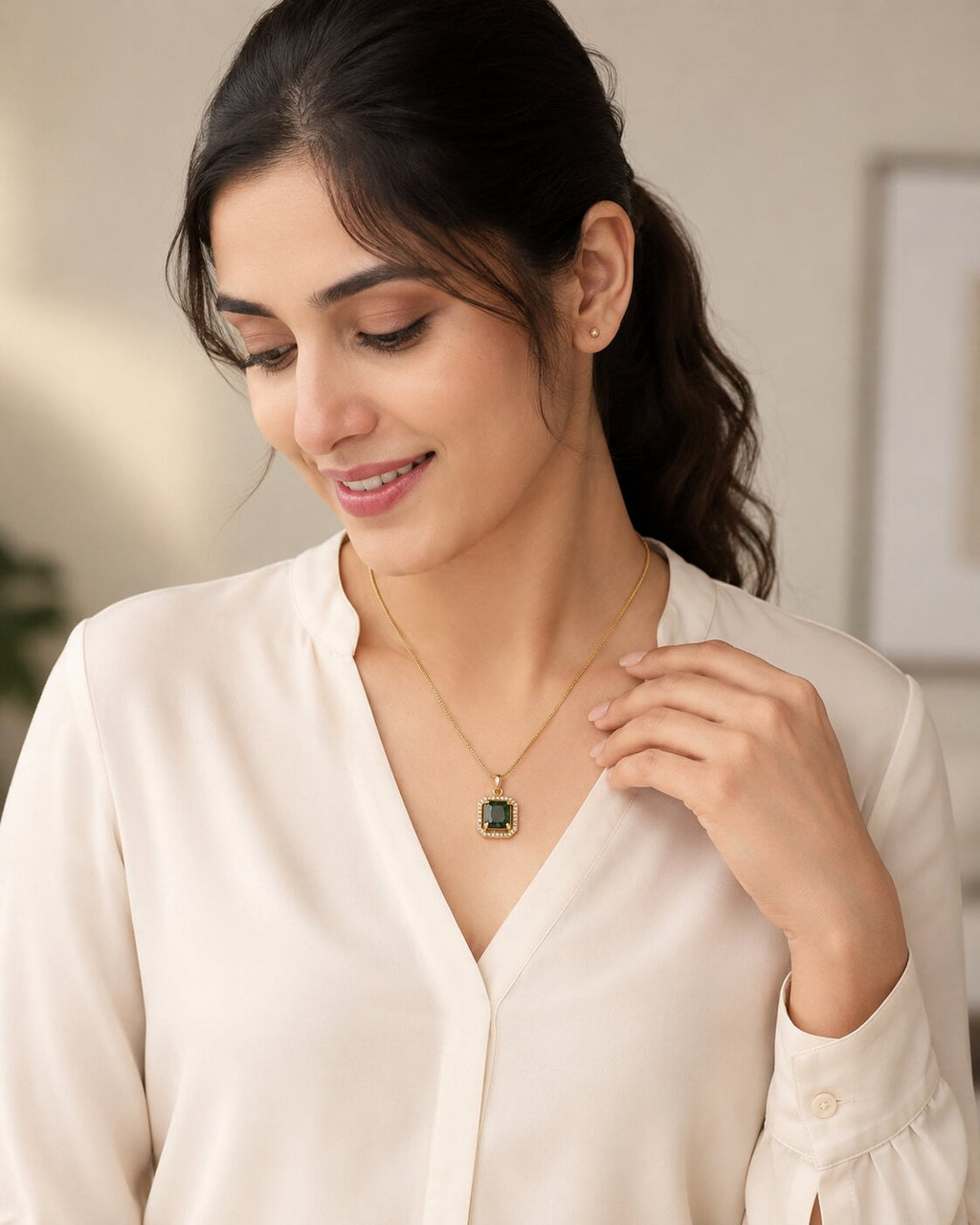 Gold Plated Octagon Stone Pendant with chain-Crystal Green