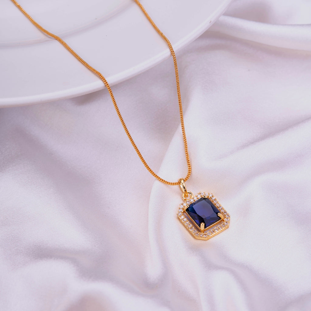 Gold Plated Octagon Stone Pendant with chain-Crystal Blue
