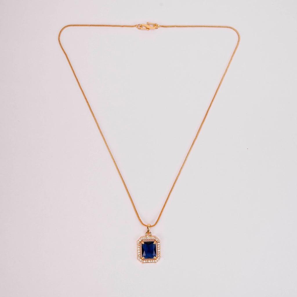 Gold Plated Octagon Stone Pendant with chain-Crystal Blue