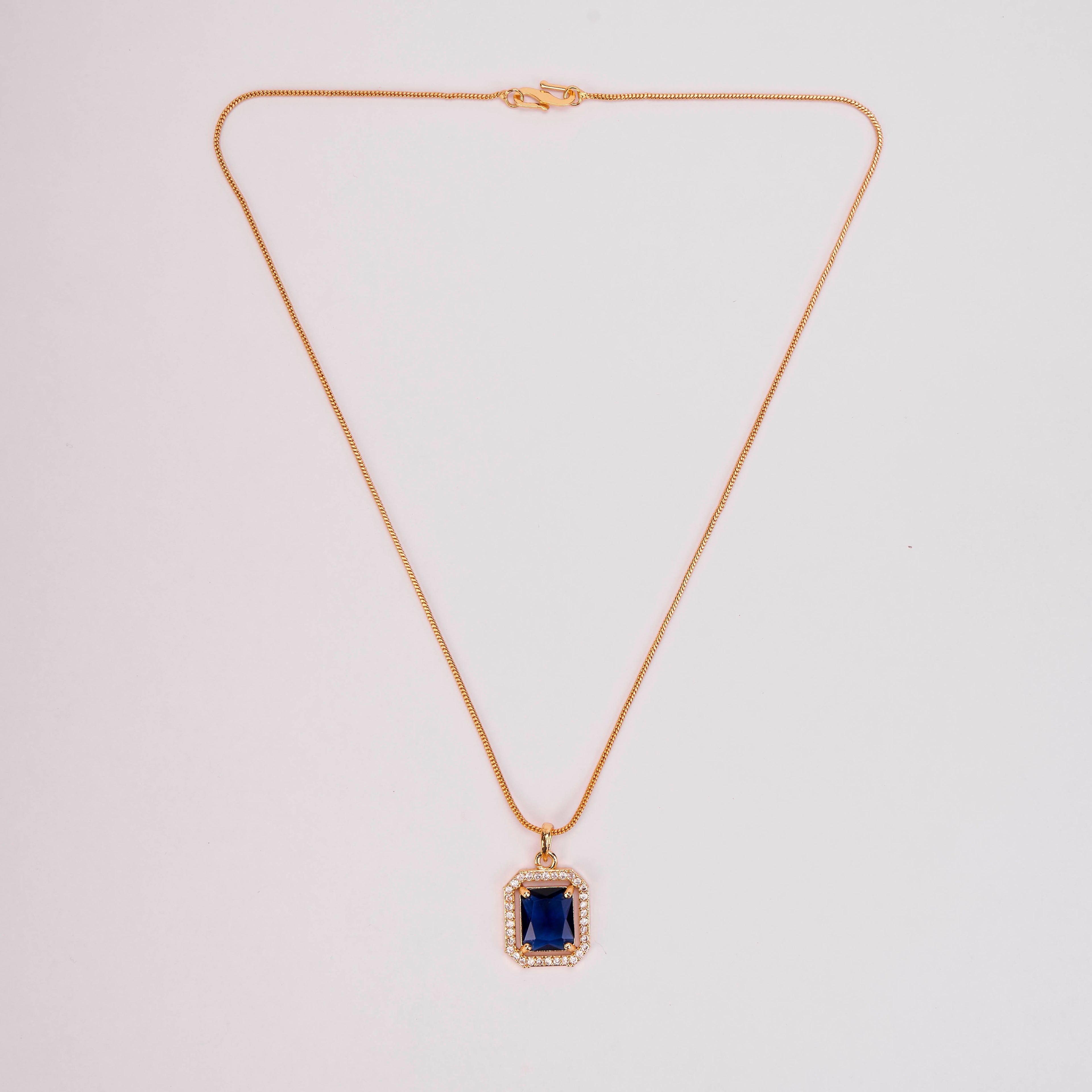 Gold Plated Octagon Stone Pendant with chain-Crystal Blue