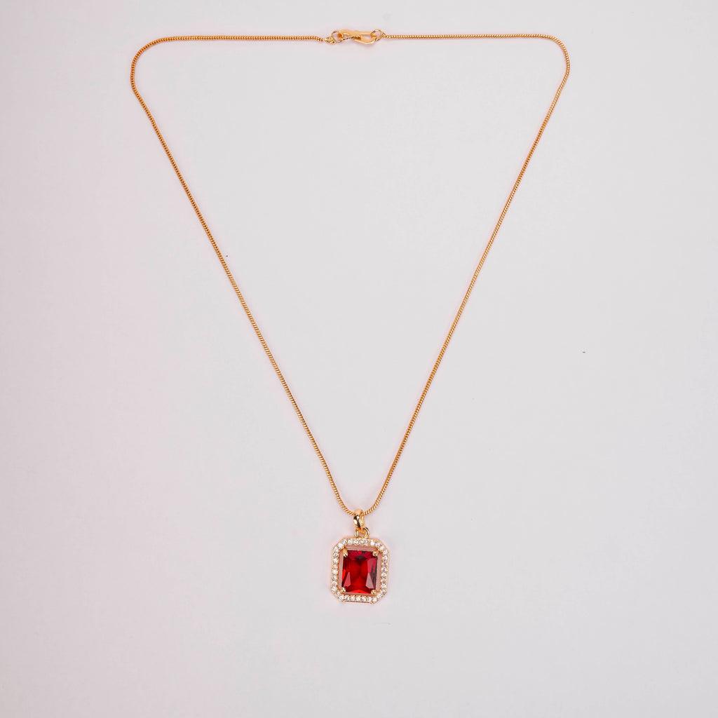 Gold Plated Octagon Stone Pendant with chain-Crystal Red