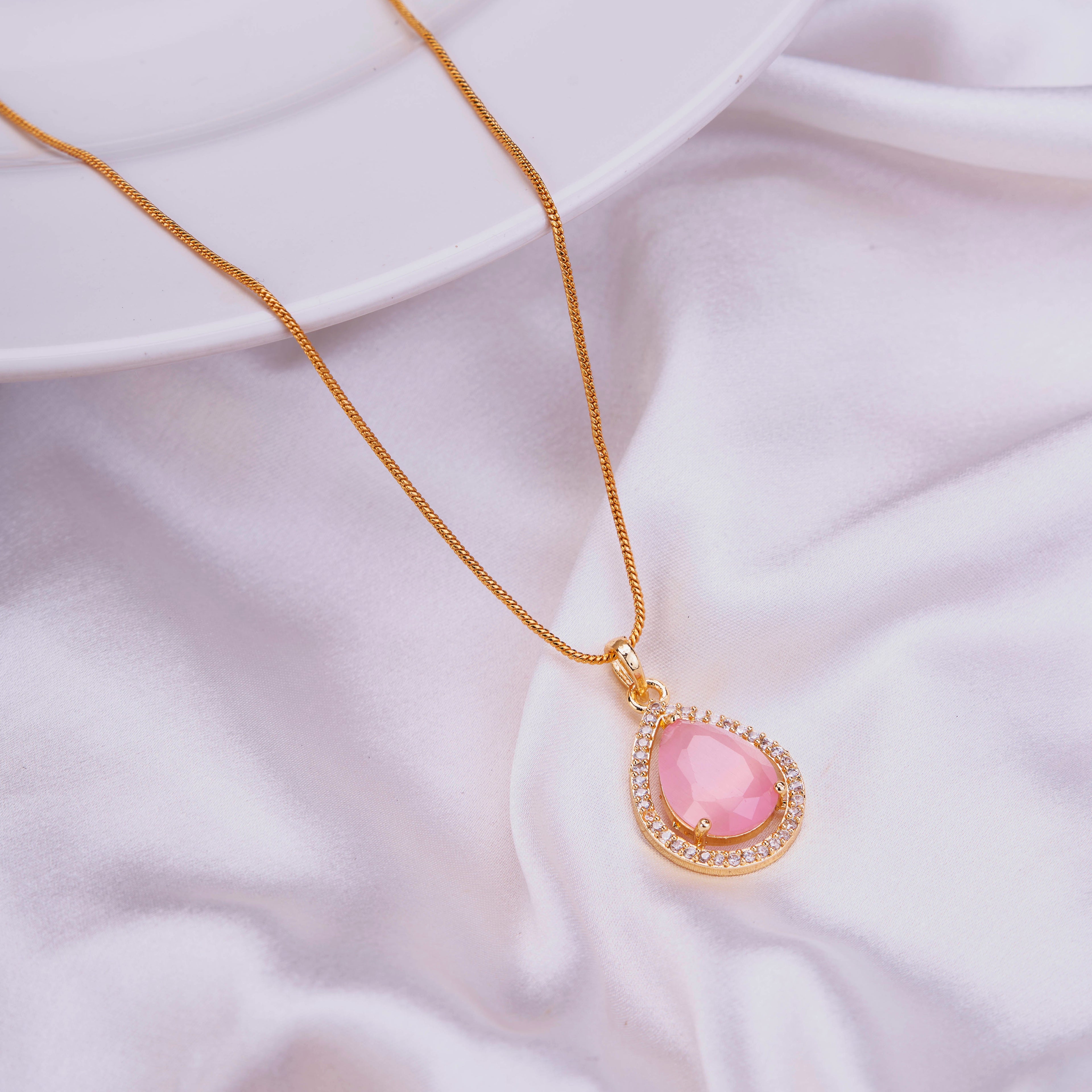 Oval Shape Gold Plated Pendant with chain-Mint Pink