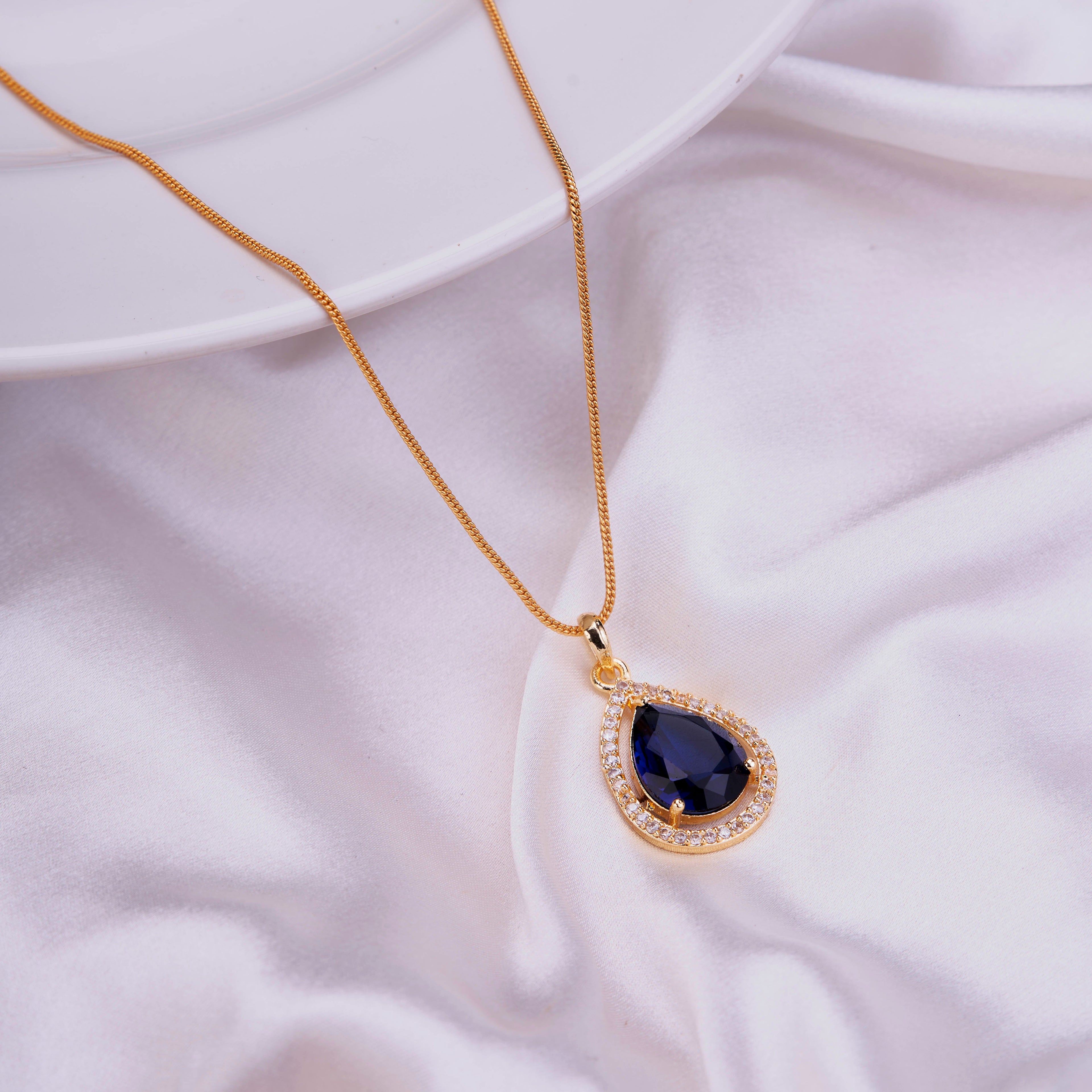 Oval Shape Gold Plated Pendant with chain-Crystal Blue
