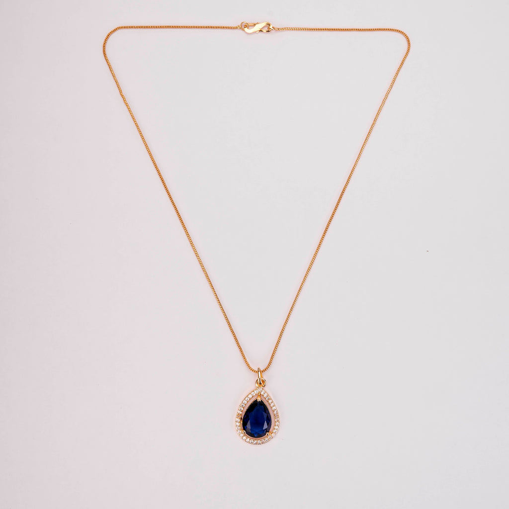 Oval Shape Gold Plated Pendant with chain-Crystal Blue