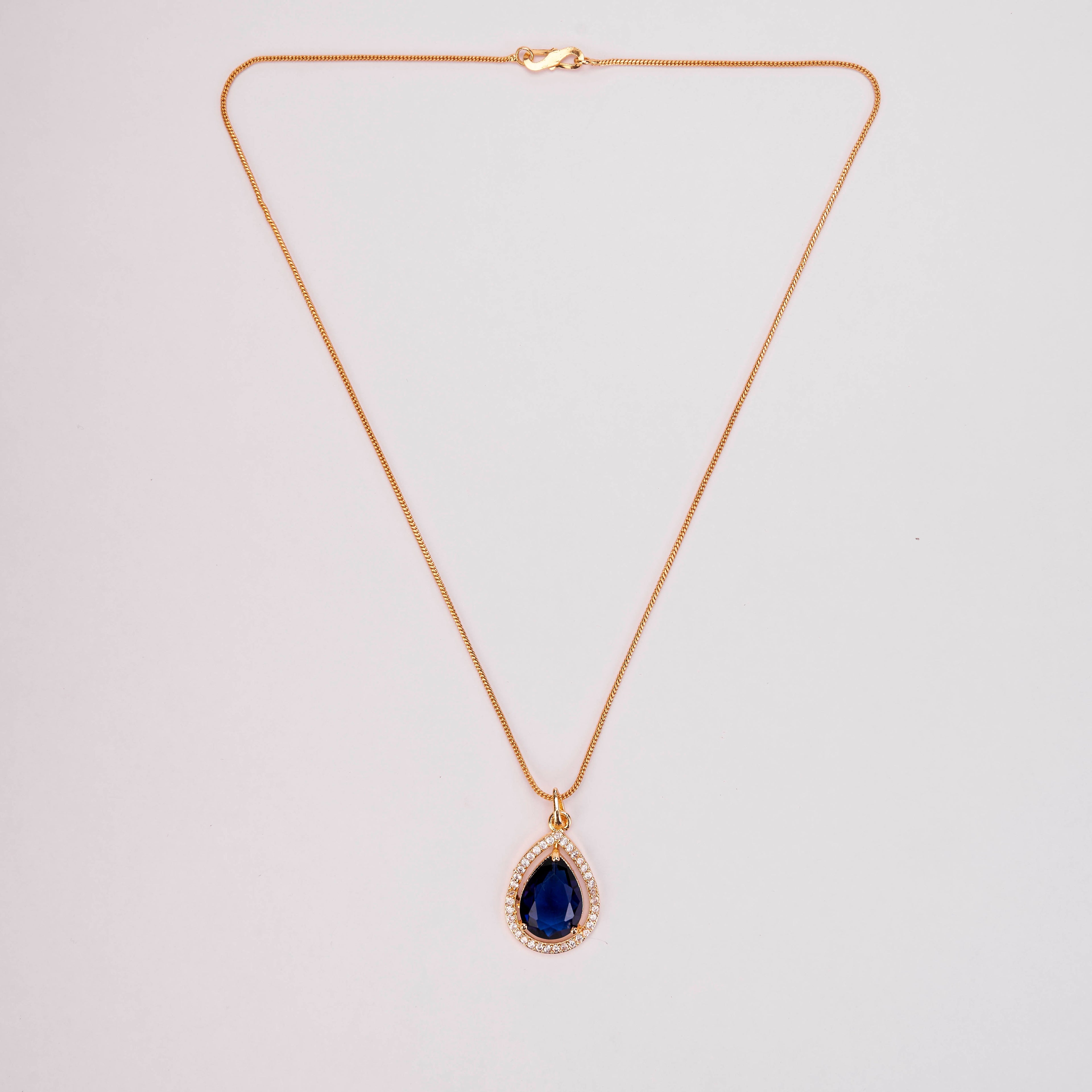 Oval Shape Gold Plated Pendant with chain-Crystal Blue