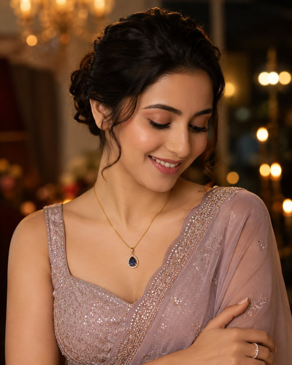 Oval Shape Gold Plated Pendant with chain-Crystal Blue